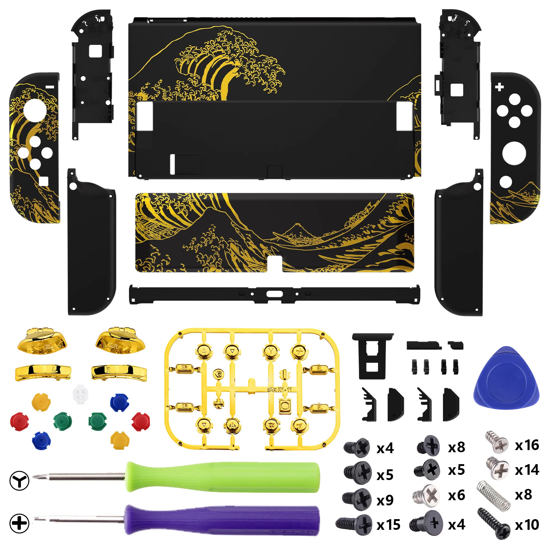 eXtremeRate Custom Replacement Full Set Shell with Buttons for Nintendo Switch OLED - The Great GOLDEN Wave Off Kanagawa - Black - Image 2
