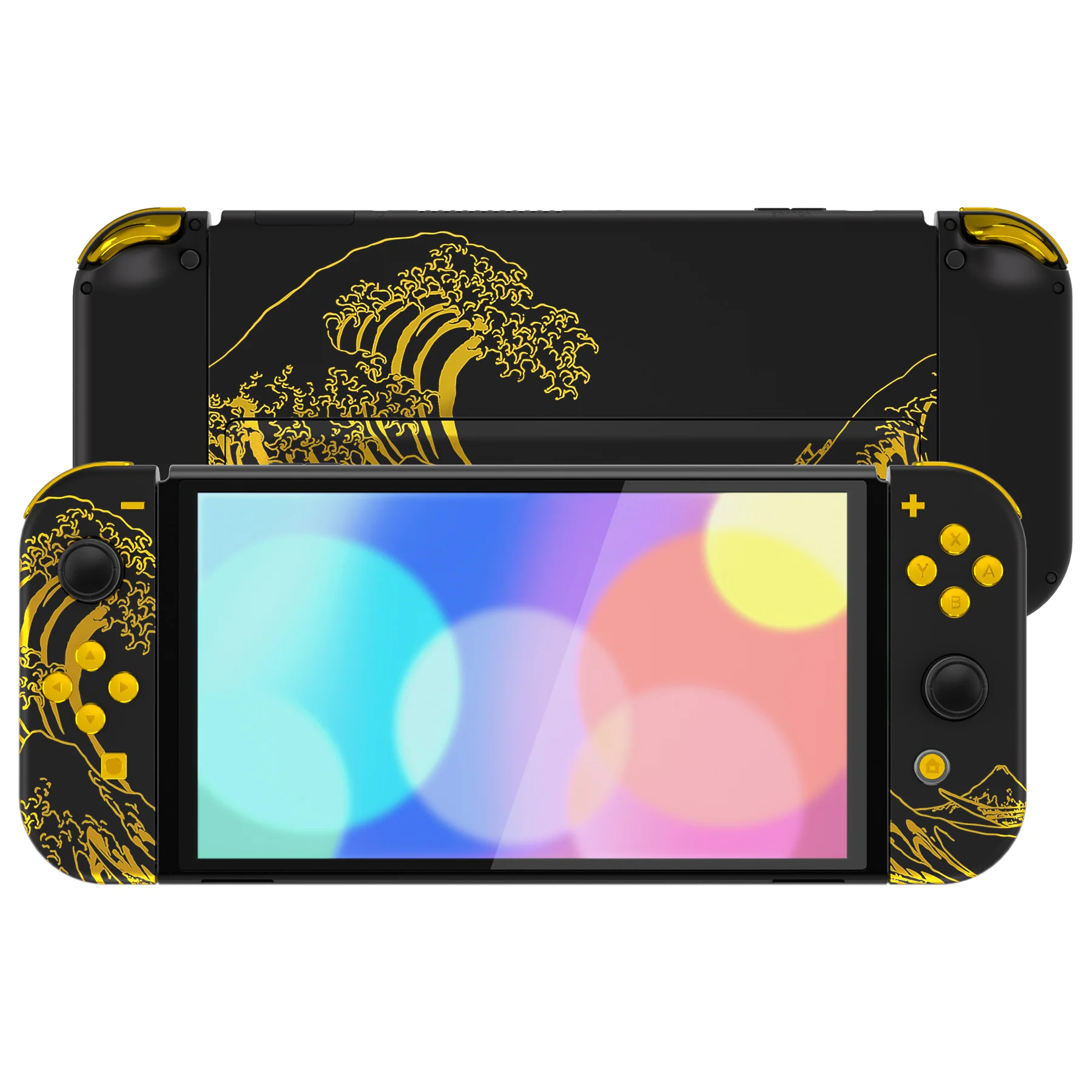 eXtremeRate Custom Replacement Full Set Shell with Buttons for Nintendo Switch OLED - The Great GOLDEN Wave Off Kanagawa - Black - Image 4