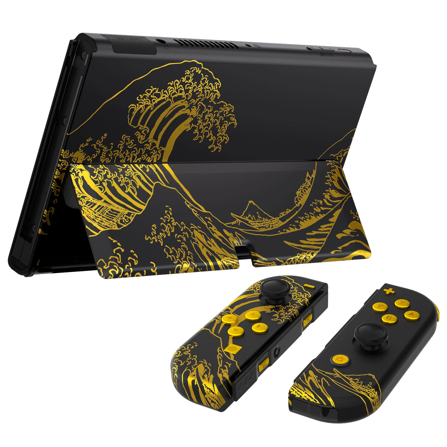 eXtremeRate Custom Replacement Full Set Shell with Buttons for Nintendo Switch OLED - The Great GOLDEN Wave Off Kanagawa - Black - Image 7