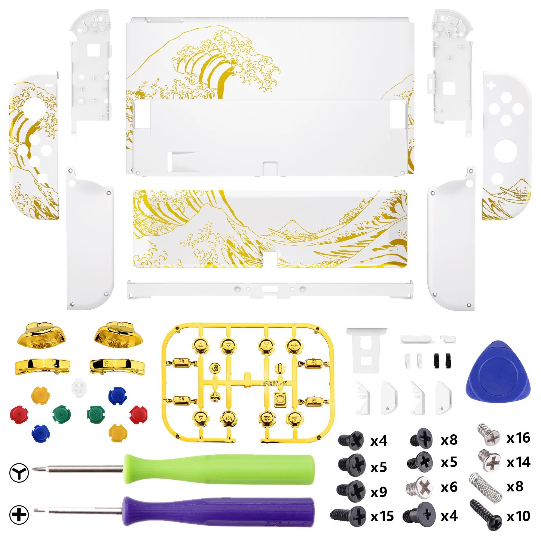 eXtremeRate Custom Replacement Full Set Shell with Buttons for Nintendo Switch OLED - The Great GOLDEN Wave Off Kanagawa - White - Image 2