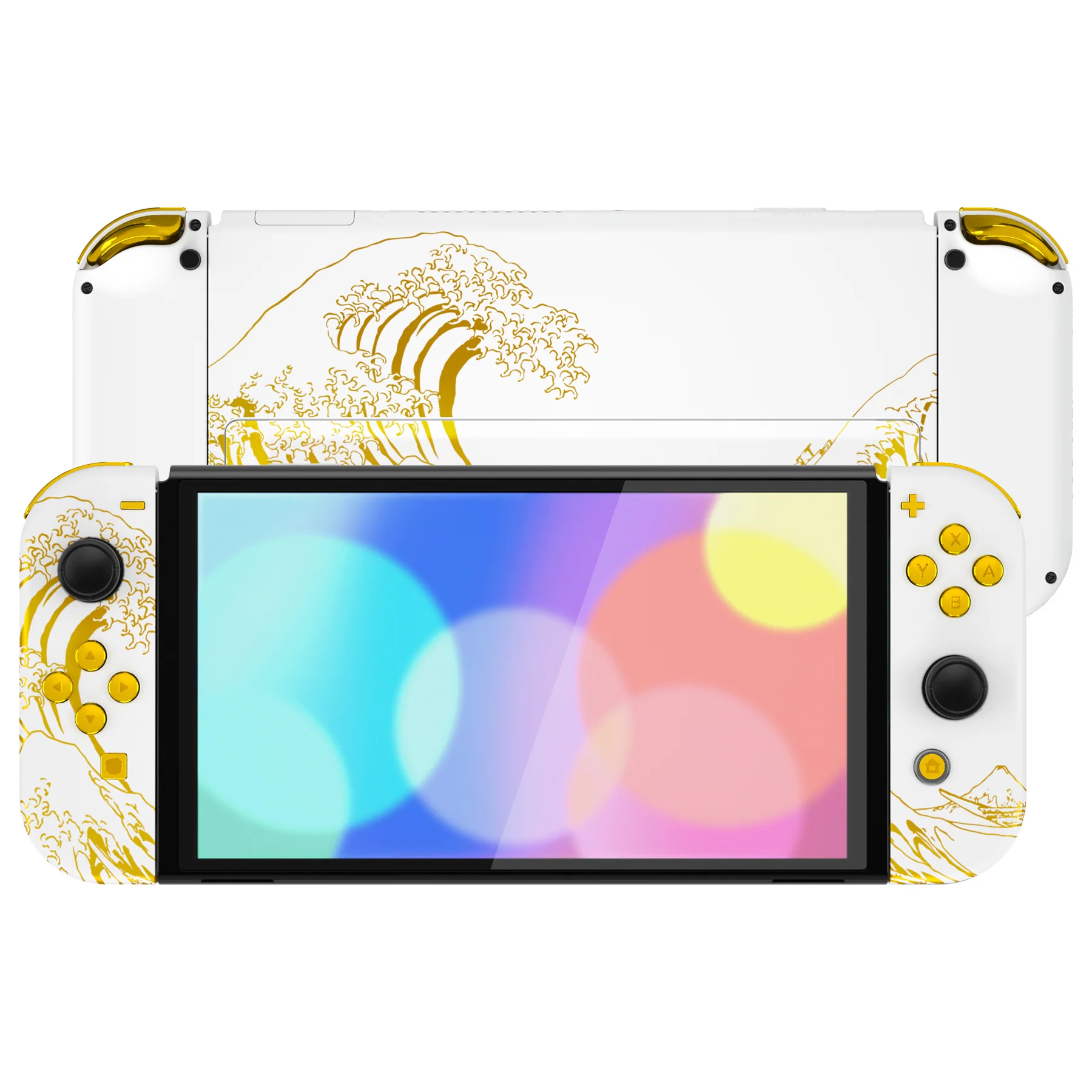 eXtremeRate Custom Replacement Full Set Shell with Buttons for Nintendo Switch OLED - The Great GOLDEN Wave Off Kanagawa - White - Image 4