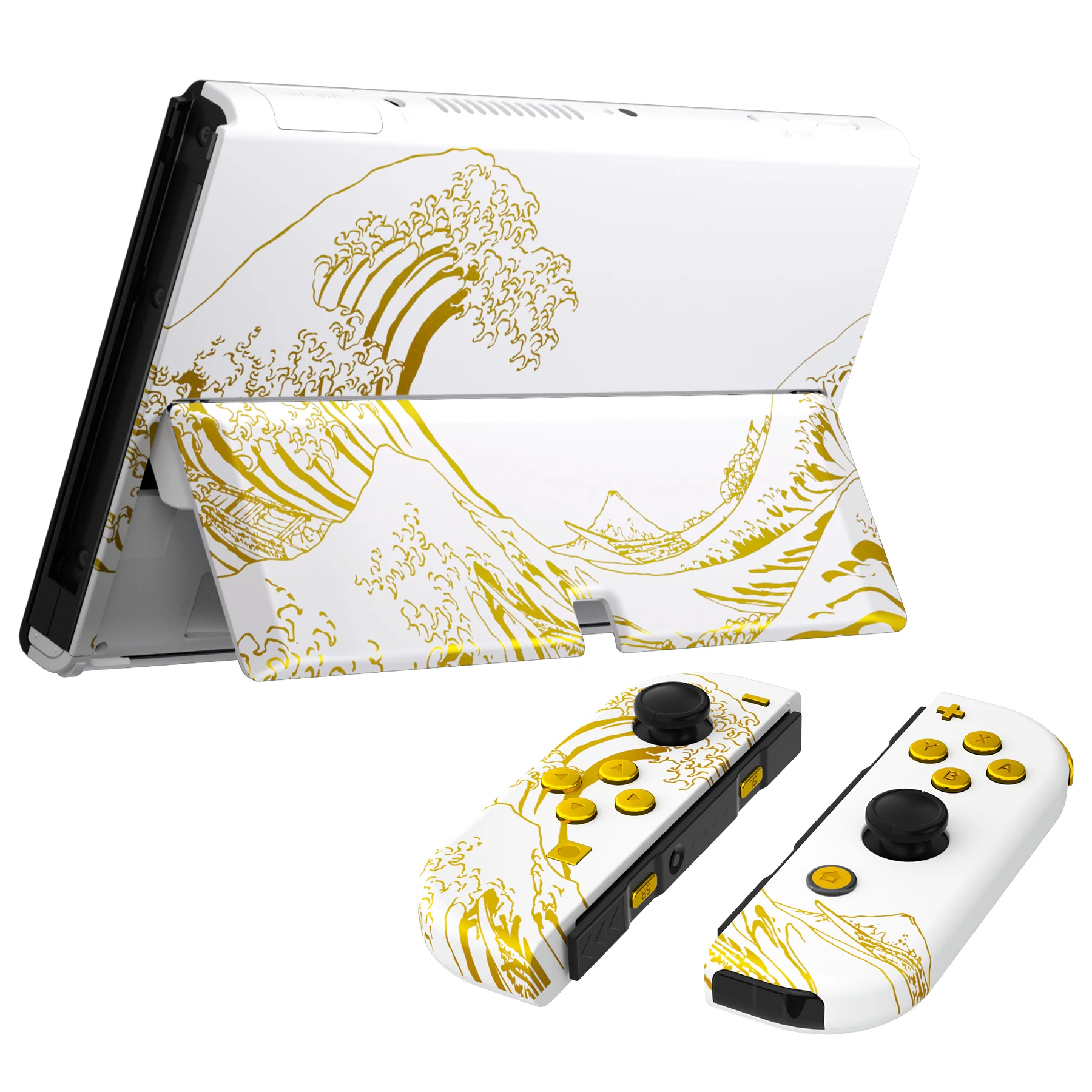 eXtremeRate Custom Replacement Full Set Shell with Buttons for Nintendo Switch OLED - The Great GOLDEN Wave Off Kanagawa - White - Image 7