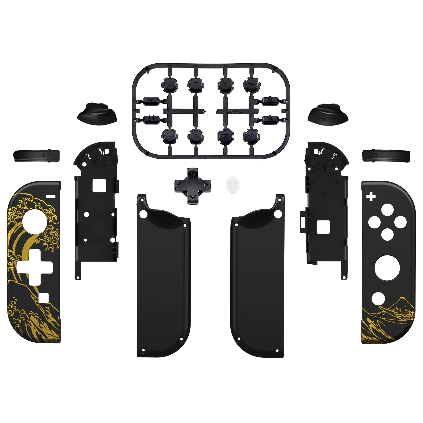 eXtremeRate Dpad Version Replacement Full Set Shell Case with Buttons for Joycon of NS Switch - The Great GOLDEN Wave Off Kanagawa - Black - Image 2