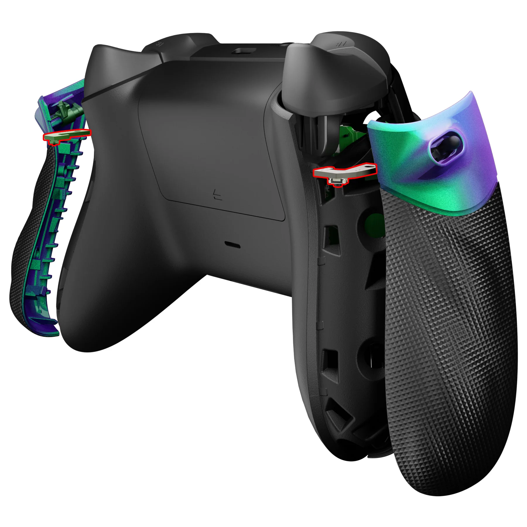 eXtremeRate FLEXOR Clicky Rubberized Side Rails Grips Trigger Stop Kit for Xbox Series X/S Controller & Xbox Core Controller - Chameleon Green Purple - Image 4