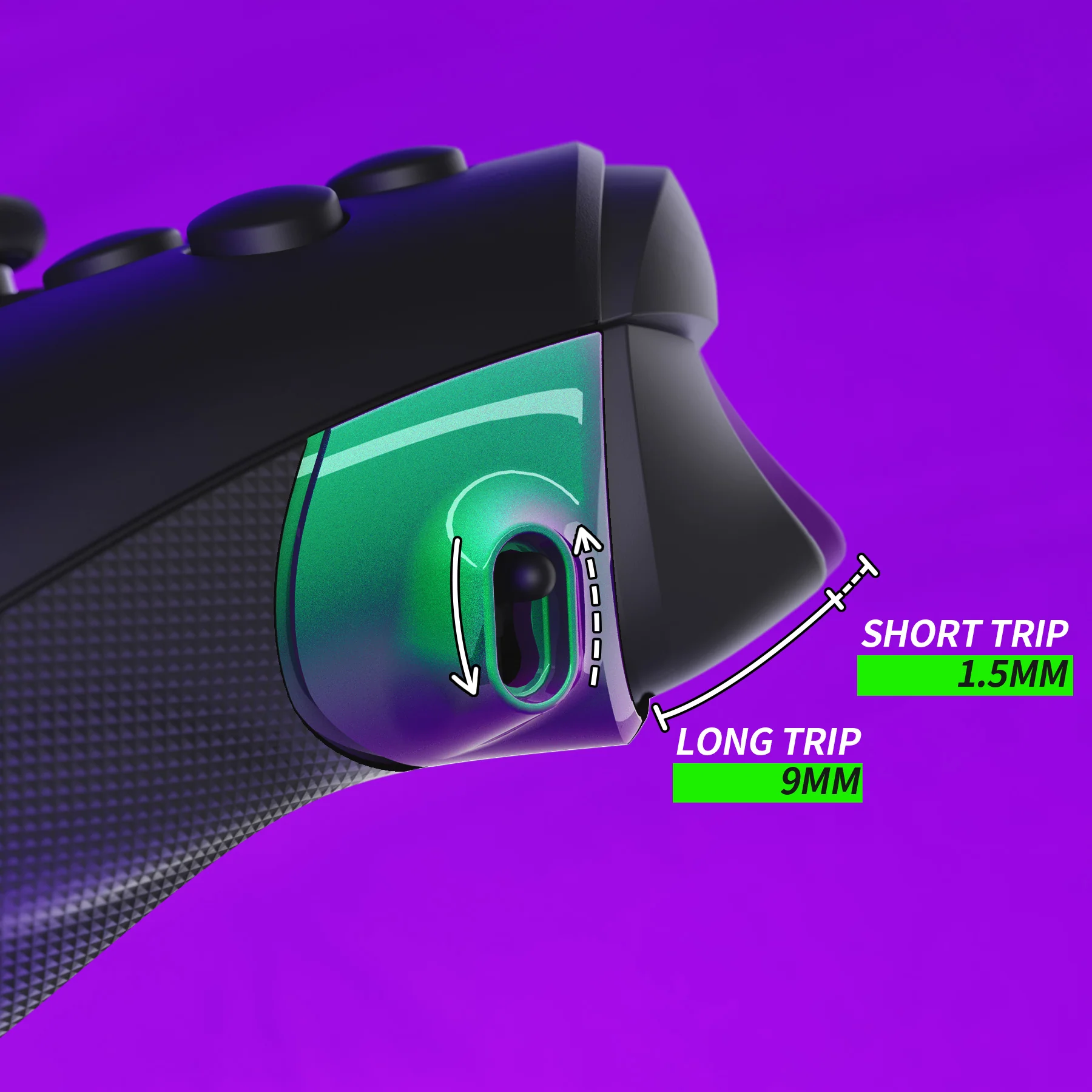 eXtremeRate FLEXOR Clicky Rubberized Side Rails Grips Trigger Stop Kit for Xbox Series X/S Controller & Xbox Core Controller - Chameleon Green Purple - Image 6