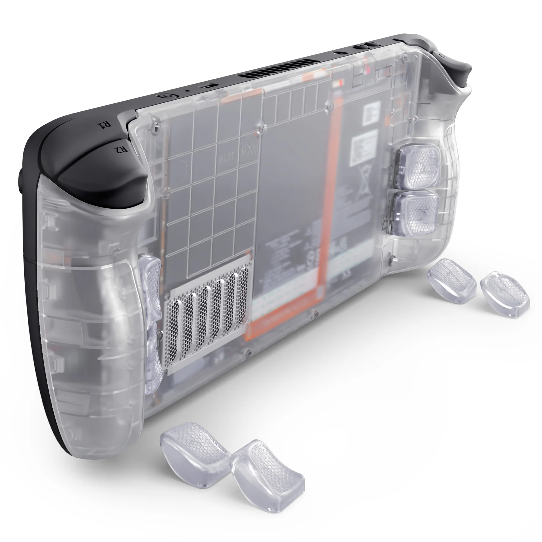 eXtremeRate Interchangeable Back Buttons Bottom Shell for Steam Deck LCD & OLED - with 2 Height Adjustable Buttons - Clear - Image 10