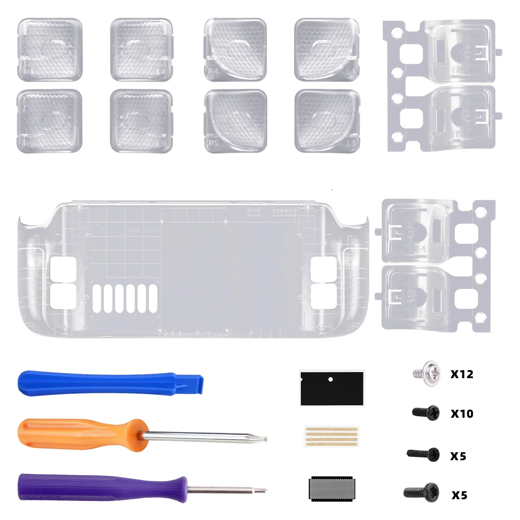 eXtremeRate Interchangeable Back Buttons Bottom Shell for Steam Deck LCD & OLED - with 2 Height Adjustable Buttons - Clear - Image 2