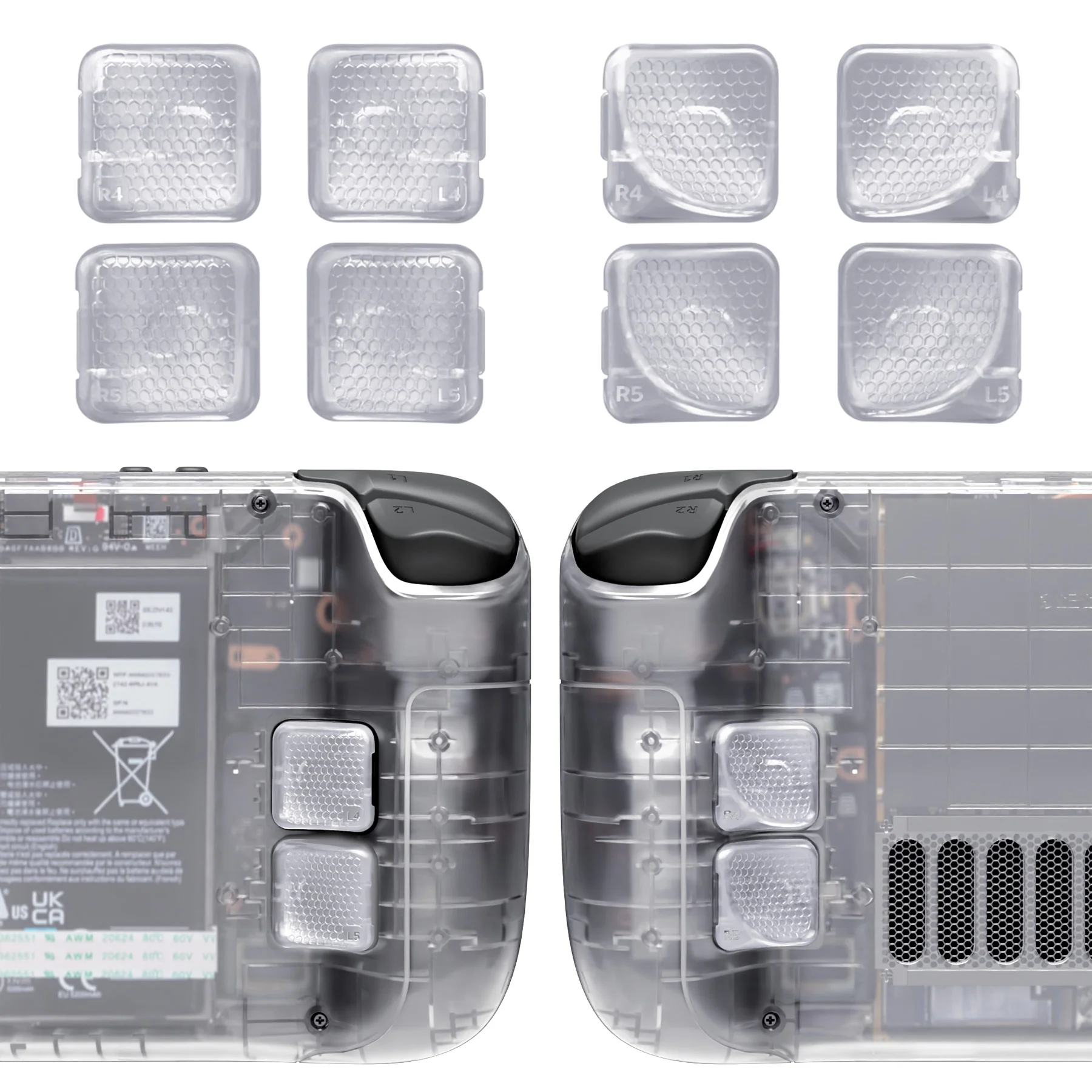 eXtremeRate Interchangeable Back Buttons Bottom Shell for Steam Deck LCD & OLED - with 2 Height Adjustable Buttons - Clear - Image 3
