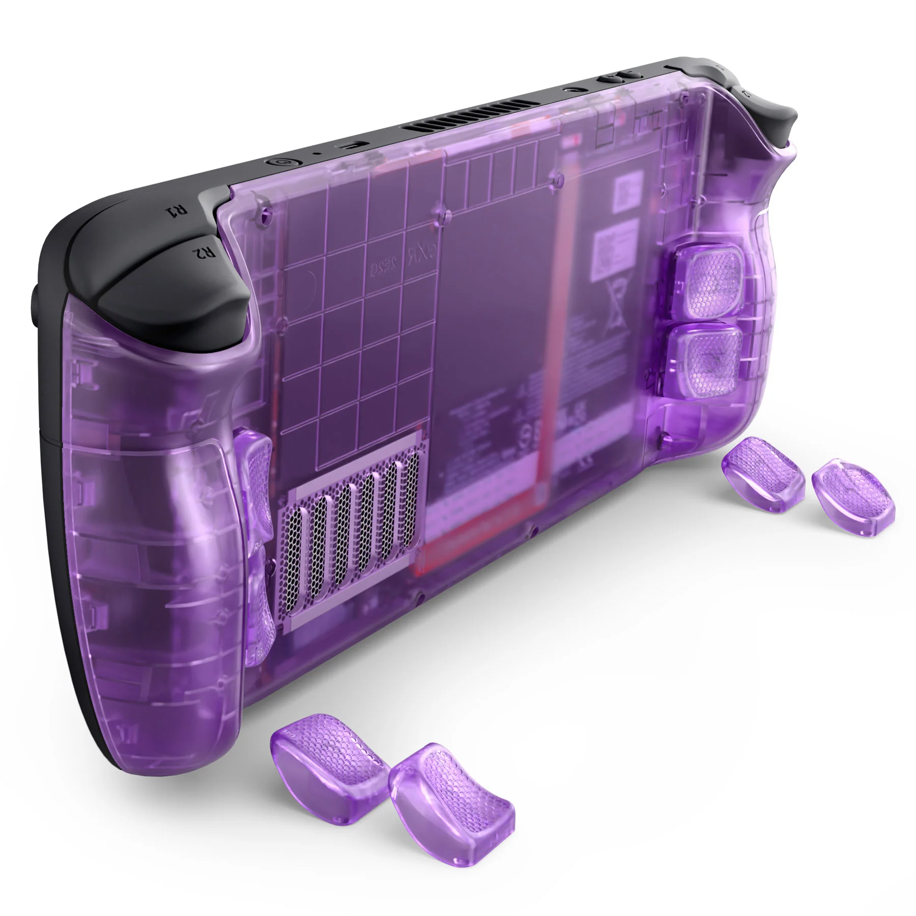 eXtremeRate Interchangeable Back Buttons Bottom Shell for Steam Deck LCD & OLED - with 2 Height Adjustable Buttons - Clear Atomic Purple - Image 10