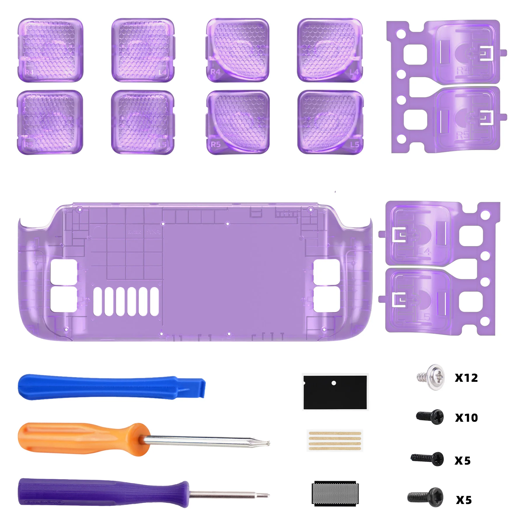 eXtremeRate Interchangeable Back Buttons Bottom Shell for Steam Deck LCD & OLED - with 2 Height Adjustable Buttons - Clear Atomic Purple - Image 2