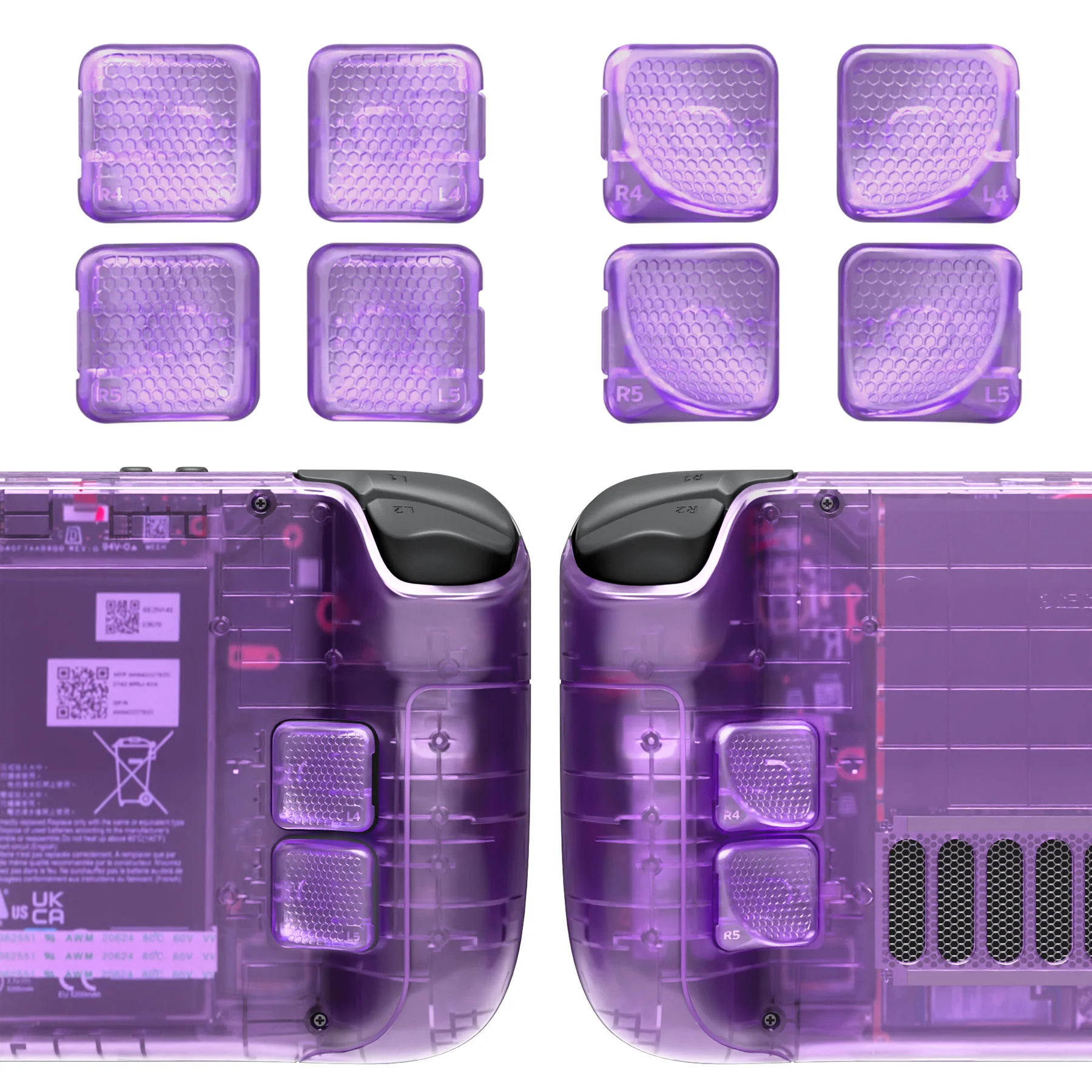 eXtremeRate Interchangeable Back Buttons Bottom Shell for Steam Deck LCD & OLED - with 2 Height Adjustable Buttons - Clear Atomic Purple - Image 3