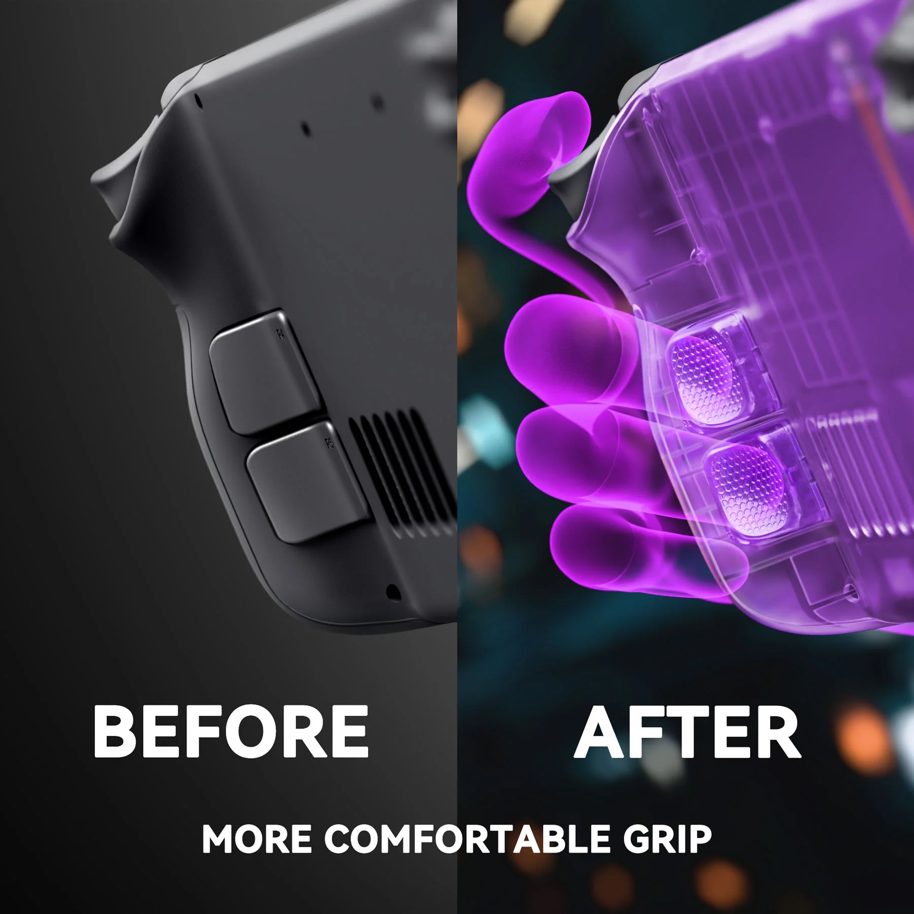 eXtremeRate Interchangeable Back Buttons Bottom Shell for Steam Deck LCD & OLED - with 2 Height Adjustable Buttons - Clear Atomic Purple - Image 4