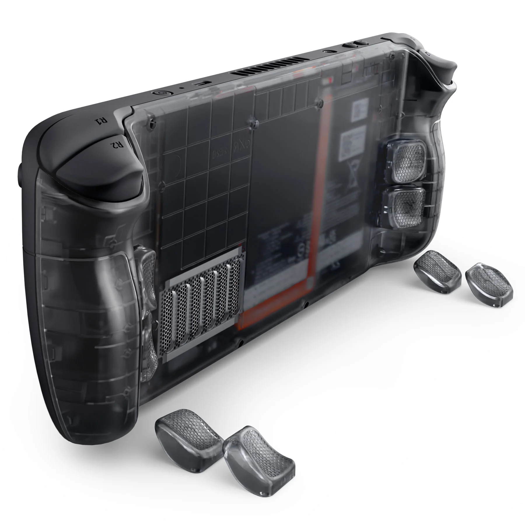 eXtremeRate Interchangeable Back Buttons Bottom Shell for Steam Deck LCD & OLED - with 2 Height Adjustable Buttons - Clear Slate Black - Image 10