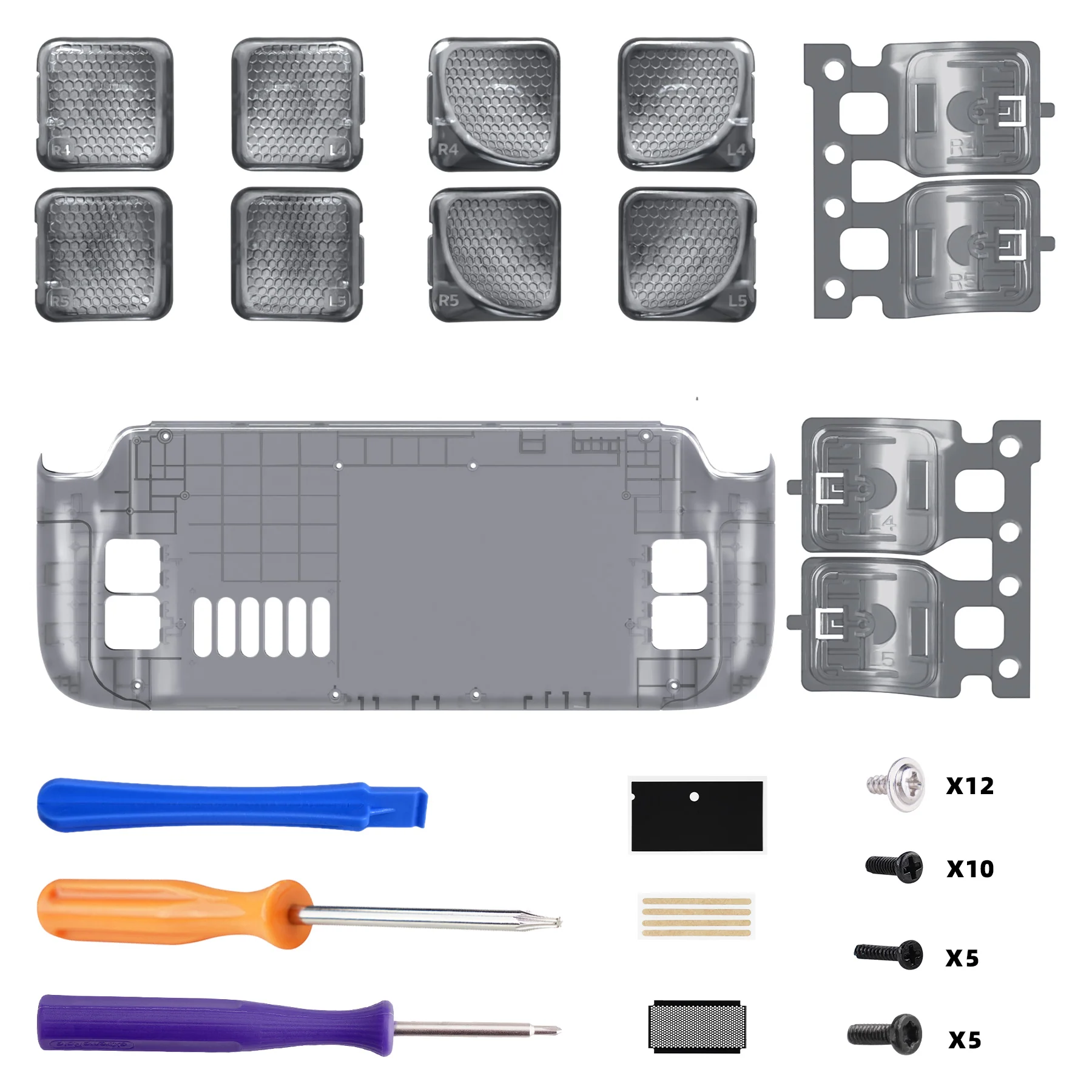 eXtremeRate Interchangeable Back Buttons Bottom Shell for Steam Deck LCD & OLED - with 2 Height Adjustable Buttons - Clear Slate Black - Image 2