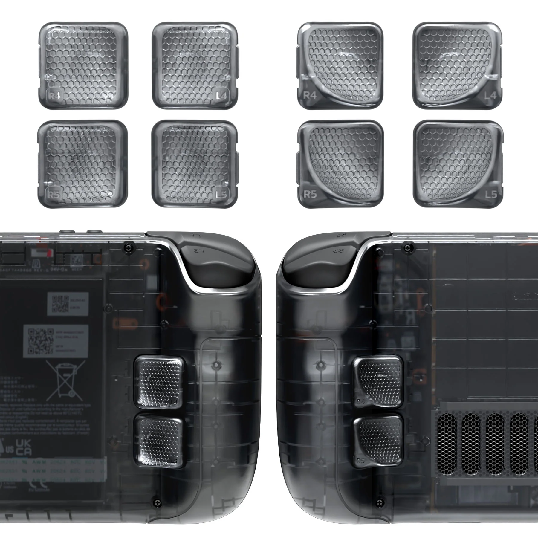 eXtremeRate Interchangeable Back Buttons Bottom Shell for Steam Deck LCD & OLED - with 2 Height Adjustable Buttons - Clear Slate Black - Image 3