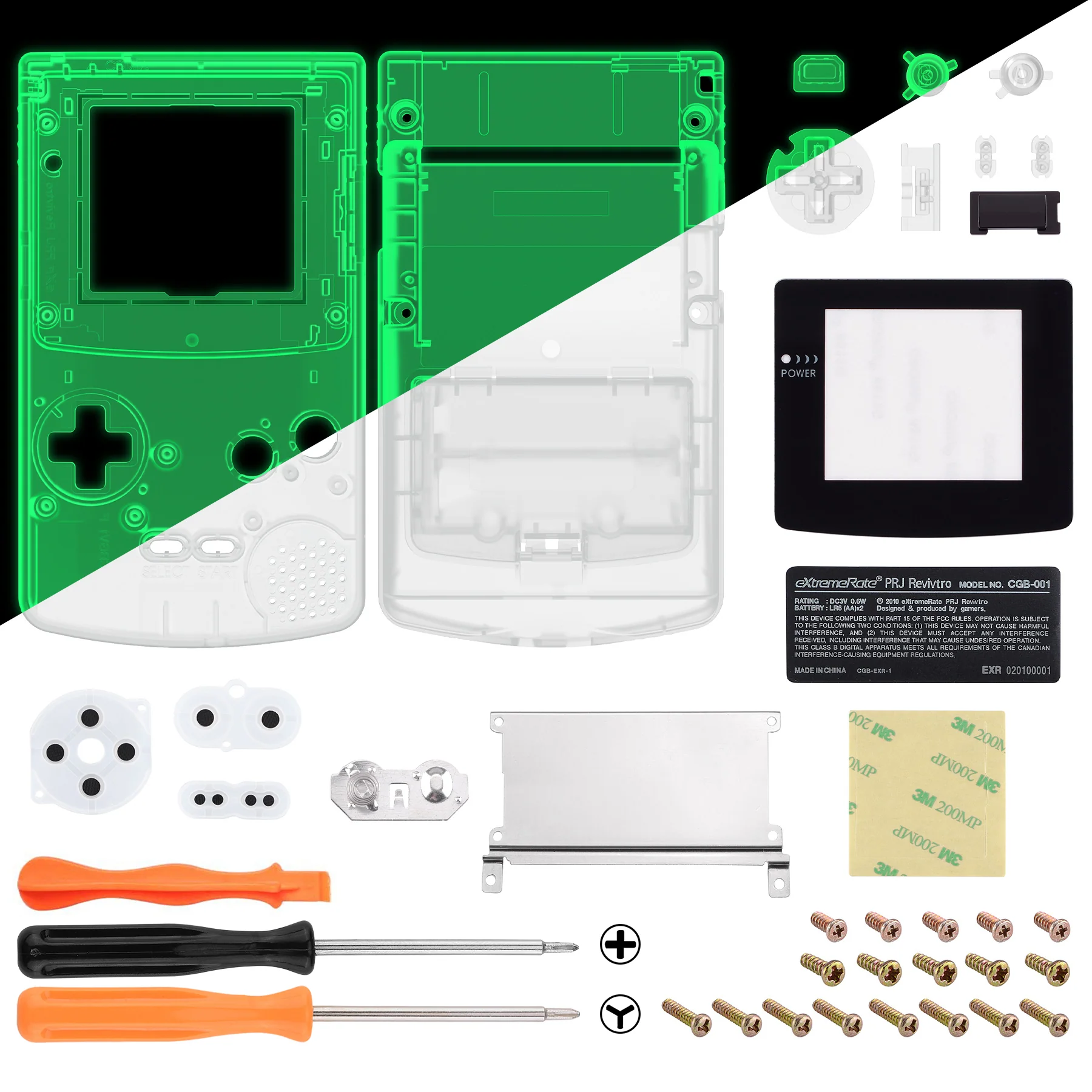 eXtremeRate IPS Ready Upgraded GBC Replacement Full Set Shells with Buttons & Black Screen Lens for Gameboy Color, Compatible with GBC OSD IPS & Regular IPS & Standard LCD - Glow in Dark - Green - Image 2
