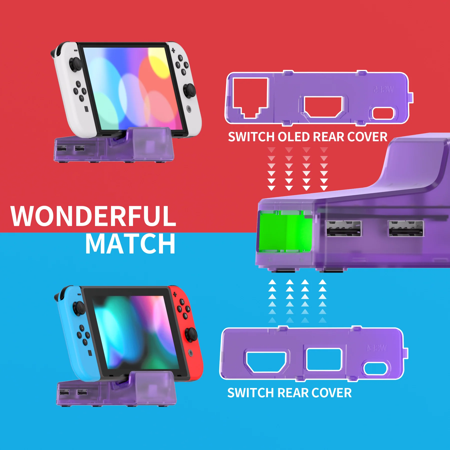 eXtremeRate LED Version AiryDocky DIY Kit Replacement Shell Case with IR Remote Control for Nintendo Switch & Switch OLED Dock - Clear Atomic Purple - Image 4