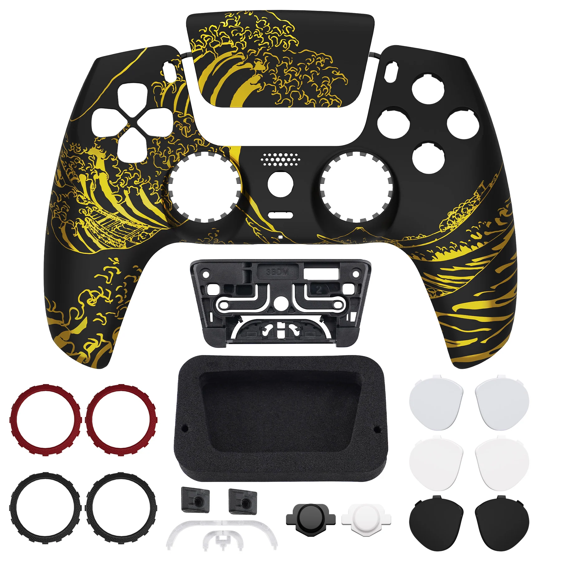 eXtremeRate LUNA Redesigned Replacement Front Shell with Touchpad Compatible with PS5 Controller BDM-010/020/030/040/050/060 - The Great GOLDEN Wave Off Kanagawa - Black - Image 4