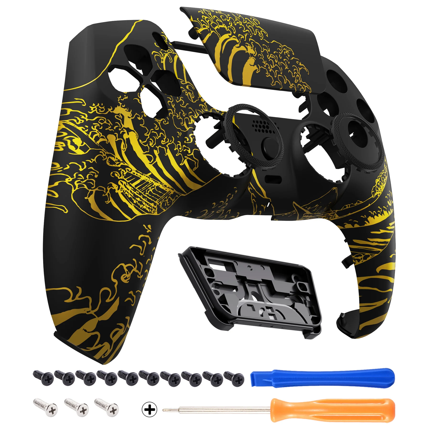 eXtremeRate LUNA Redesigned Replacement Front Shell with Touchpad Compatible with PS5 Controller BDM-010/020/030/040/050/060 - The Great GOLDEN Wave Off Kanagawa - Black - Image 8