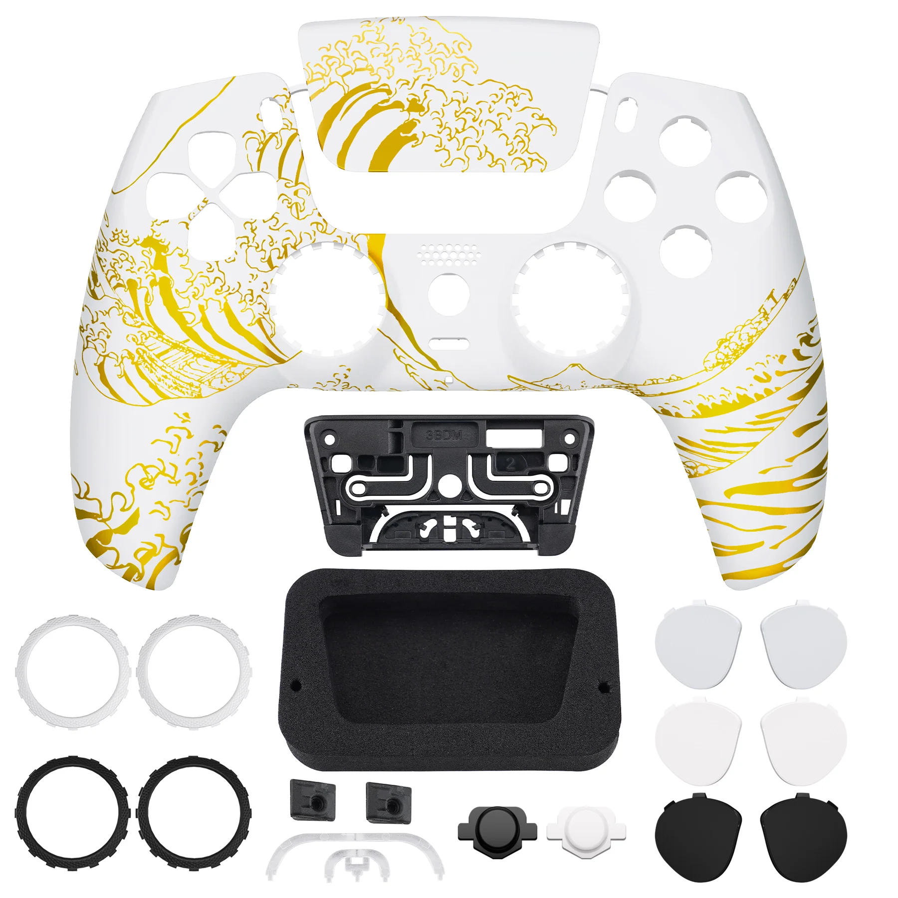 eXtremeRate LUNA Redesigned Replacement Front Shell with Touchpad Compatible with PS5 Controller BDM-010/020/030/040/050 - The Great GOLDEN Wave Off Kanagawa - White - Image 4
