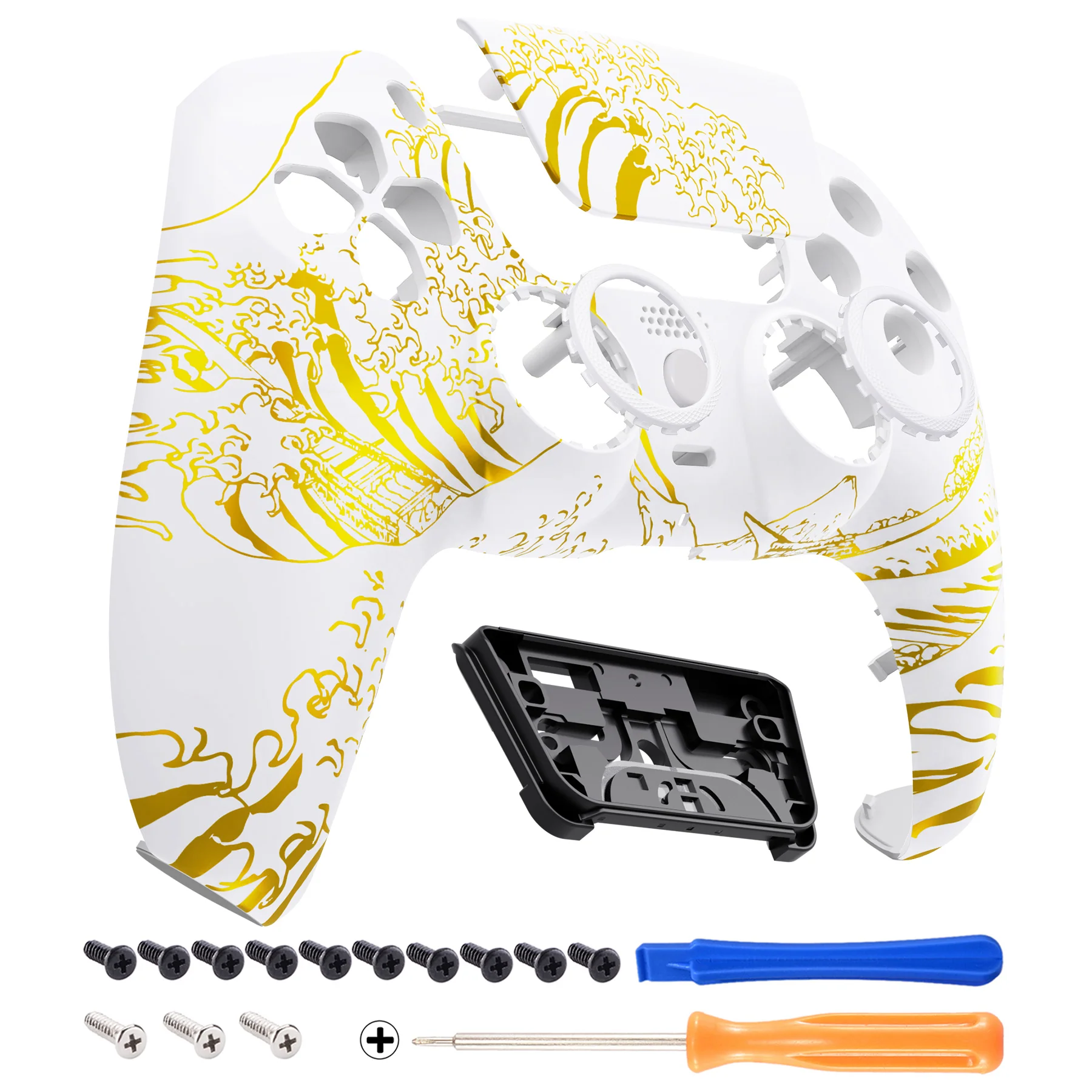 eXtremeRate LUNA Redesigned Replacement Front Shell with Touchpad Compatible with PS5 Controller BDM-010/020/030/040/050 - The Great GOLDEN Wave Off Kanagawa - White - Image 8