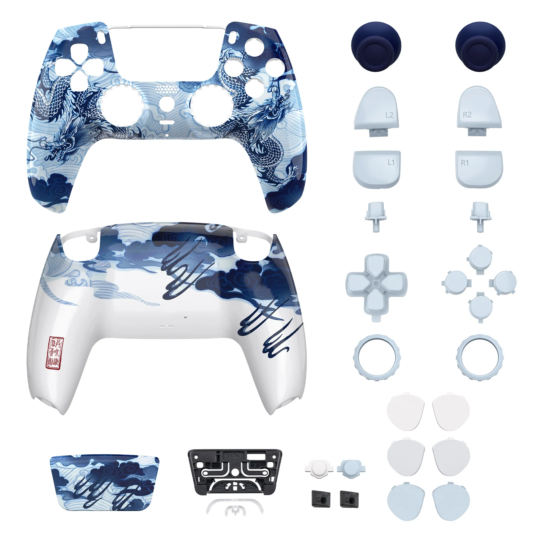 eXtremeRate LUNA Redesigned Replacement Full Set Shells with Buttons Compatible with PS5 Controller BDM-030/040/050 - Porcelain Dragon - Image 9