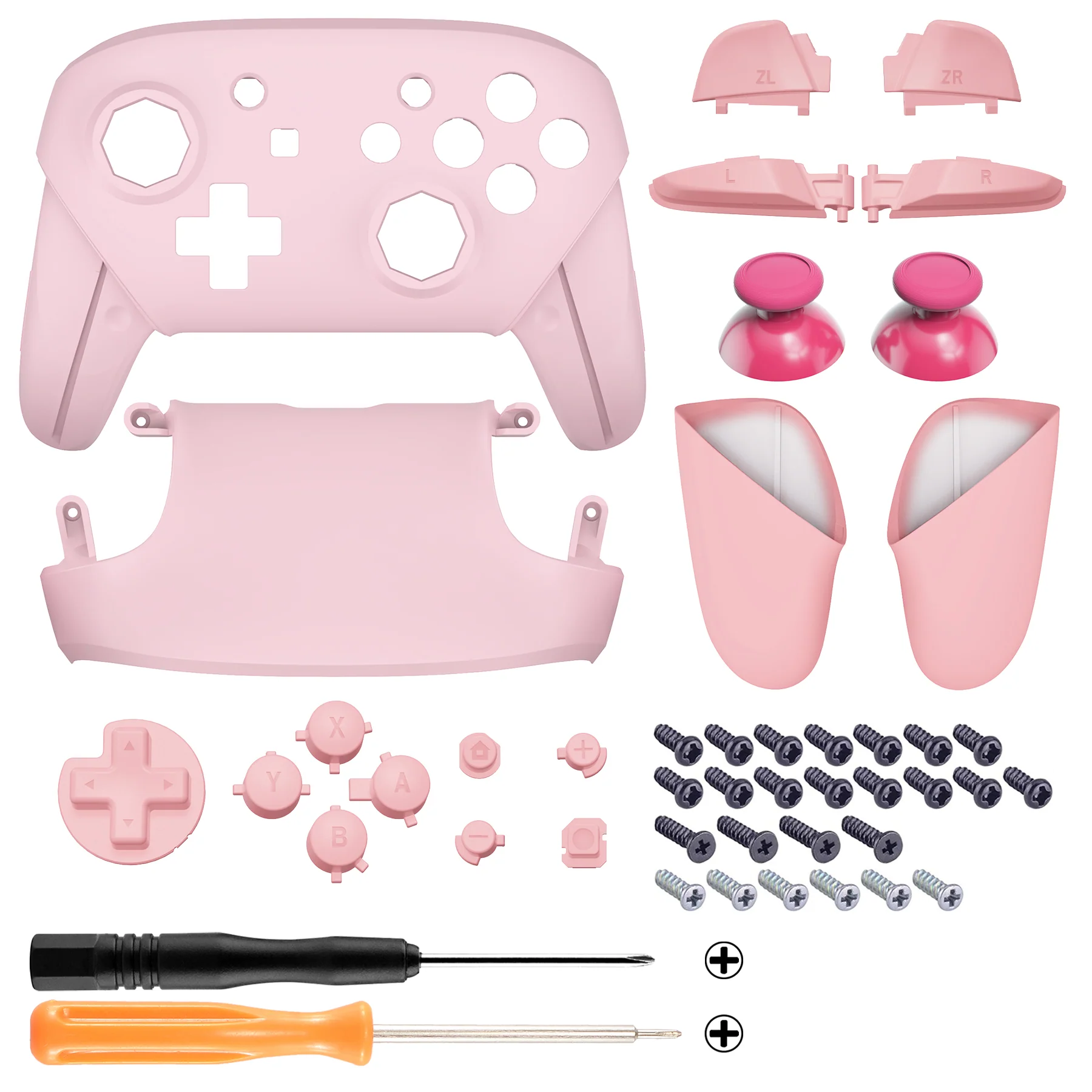 eXtremeRate Octagonal Gated Sticks Design Replacement Full Set Shell Faceplate Backplate Handles for Nintendo Switch Pro - Cherry Blossoms Pink & Puffy Pink - Image 2