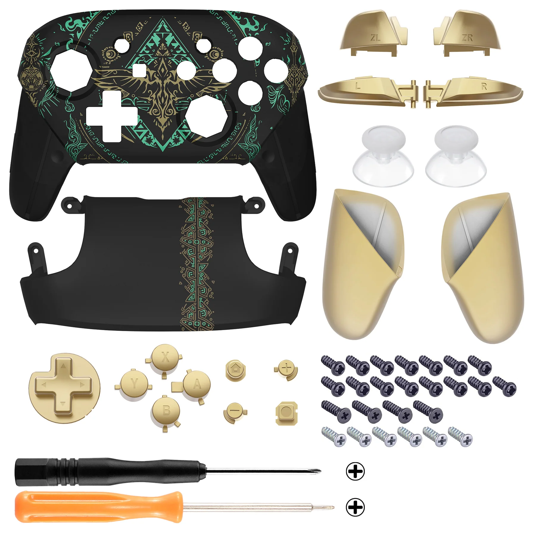 eXtremeRate Octagonal Gated Sticks Design Replacement Full Set Shell Faceplate Backplate Handles for Nintendo Switch Pro - Glow in Dark - Totem of Kingdom Black - Image 2