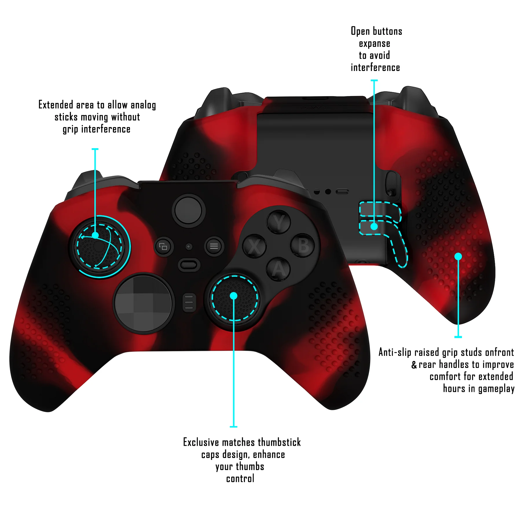eXtremeRate PlayVital Protective Anti-Slip Silicone Case with Thumb Grips Caps for Xbox One Elite Series 2 & Elite 2 Core Controller - Black & Red - Image 2