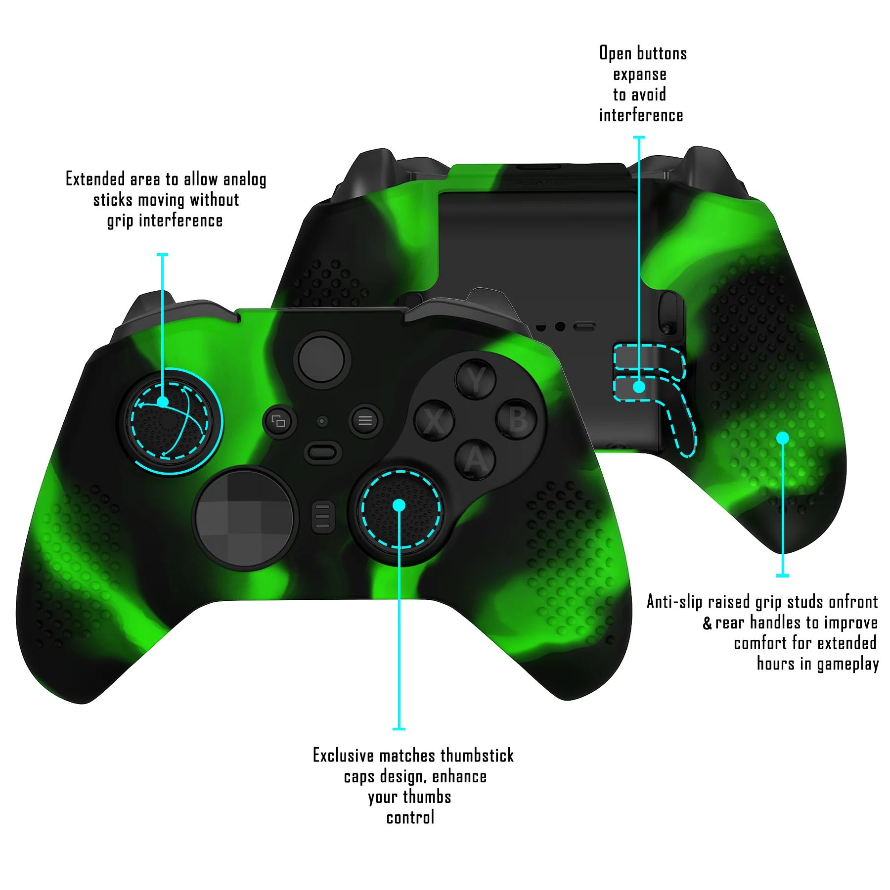 eXtremeRate PlayVital Protective Anti-Slip Silicone Case with Thumb Grips Caps for Xbox One Elite Series 2 & Elite 2 Core Controller - Green & Black - Image 2