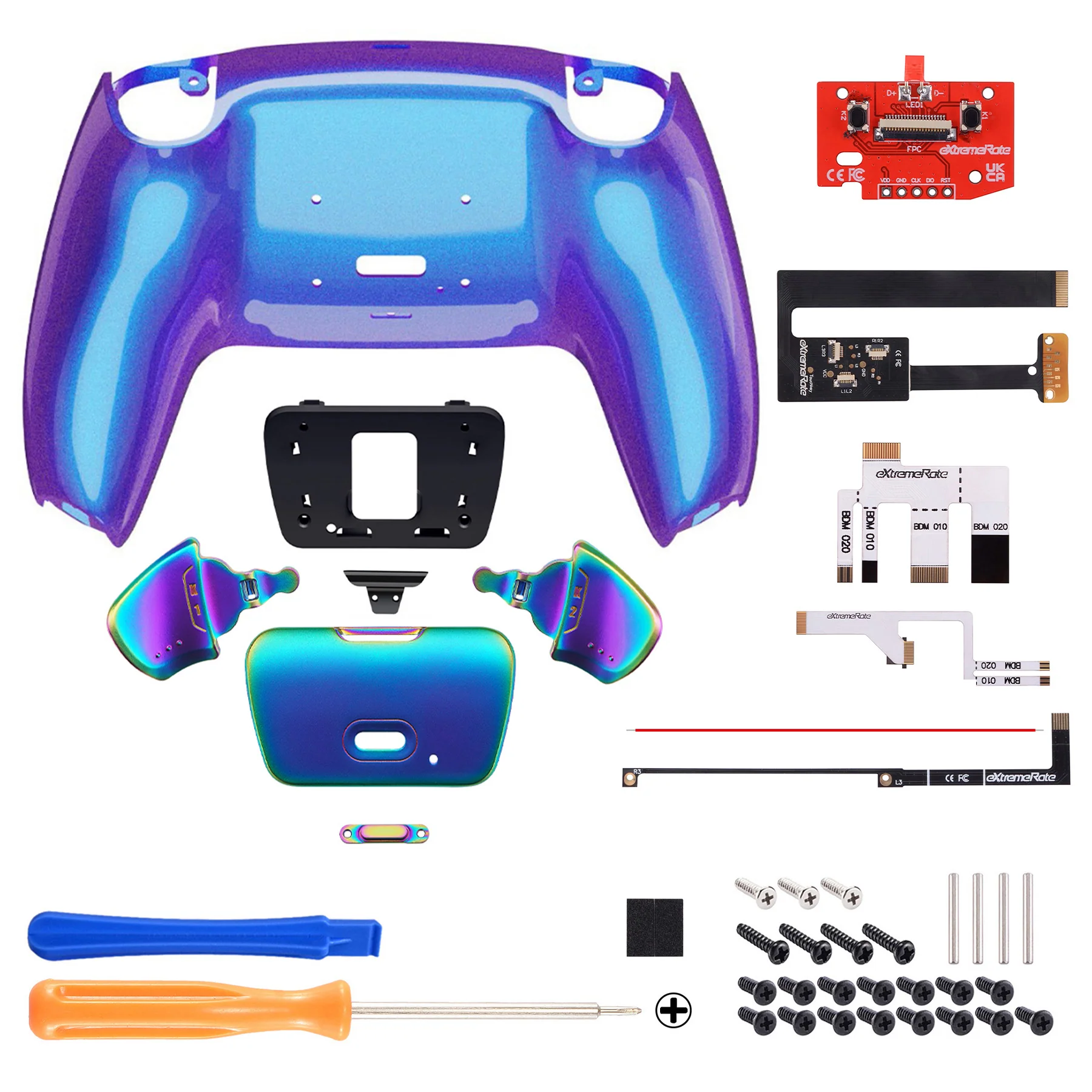 eXtremeRate Rainbow Aura Blue & Purple Real Metal Buttons (RMB) Version RISE 2.0 Remap Kit for PS5 Controller BDM-010/020 - Chameleon Purple Blue - Image 2