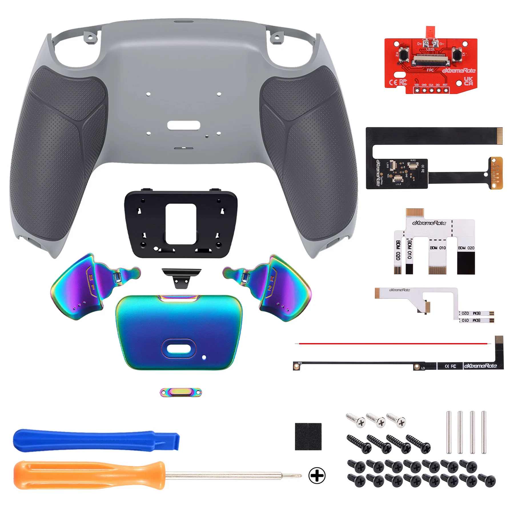 eXtremeRate Rainbow Aura Blue & Purple Real Metal Buttons (RMB) Version RISE 2.0 Remap Kit for PS5 Controller BDM-010/020 - Rubberized New Hope Gray & Classic Gray - Image 2