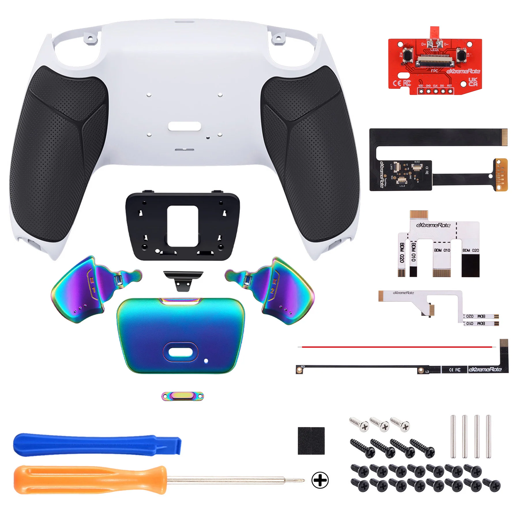eXtremeRate Rainbow Aura Blue & Purple Real Metal Buttons (RMB) Version RISE 2.0 Remap Kit for PS5 Controller BDM-010/020 - Rubberized White Black - Image 2