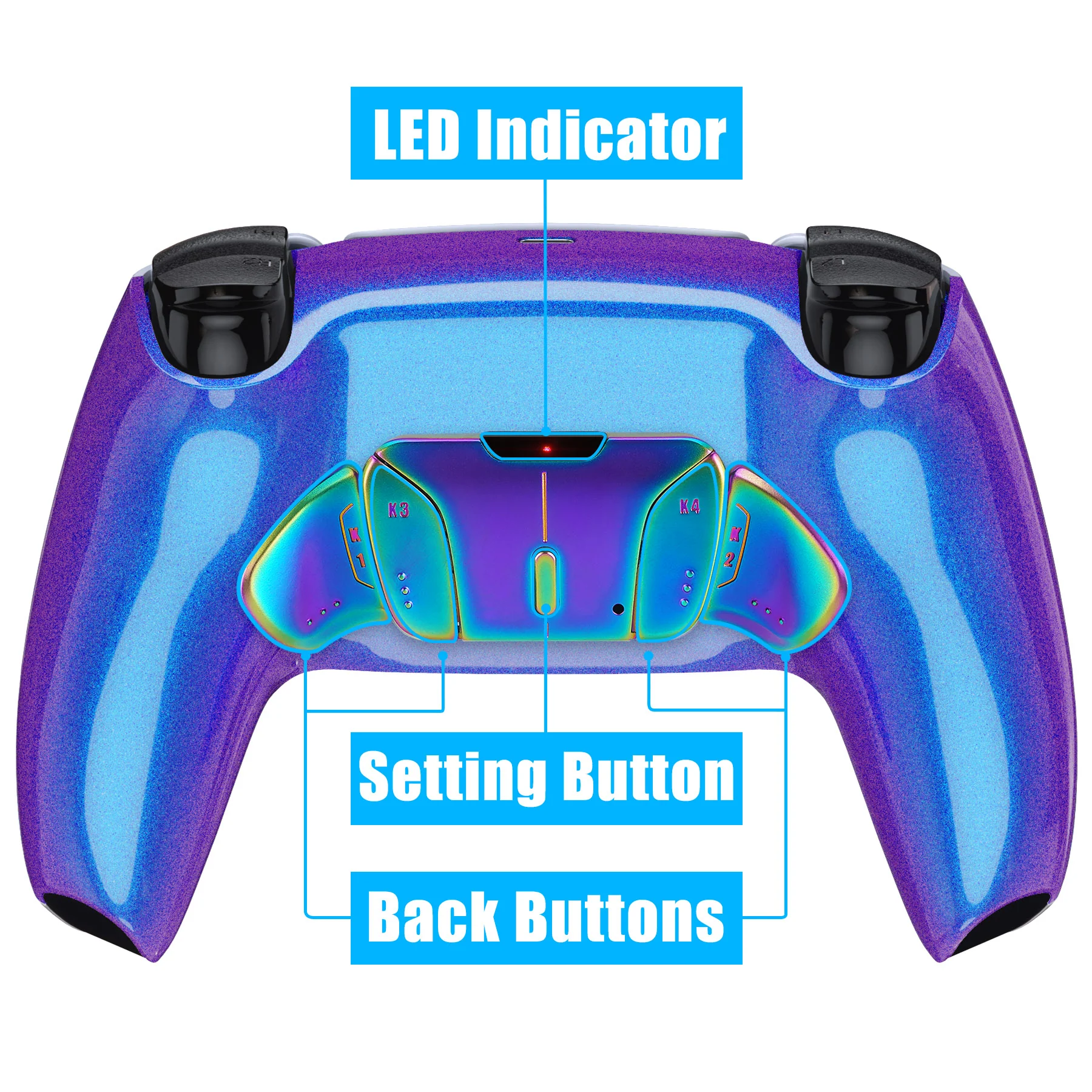 eXtremeRate Rainbow Aura Blue & Purple Real Metal Buttons (RMB) Version RISE4 Remap Kit for PS5 Controller BDM-030/040/050 - Chameleon Purple Blue - Image 5