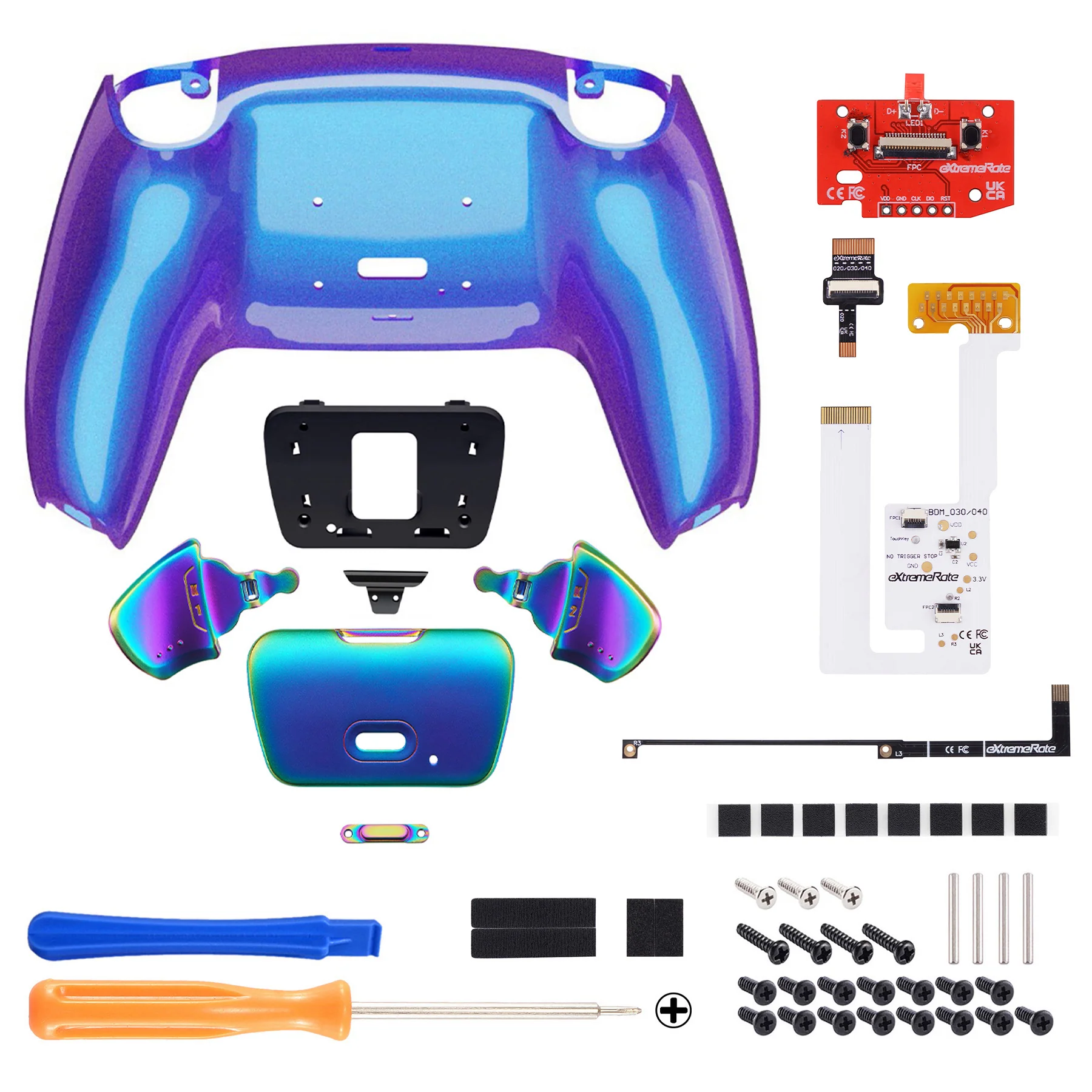 eXtremeRate Rainbow Aura Blue & Purple Real Metal Buttons (RMB) Version RISE V3 Remap Kit for PS5 Controller BDM-030/040/050 - Chameleon Purple Blue - Image 2