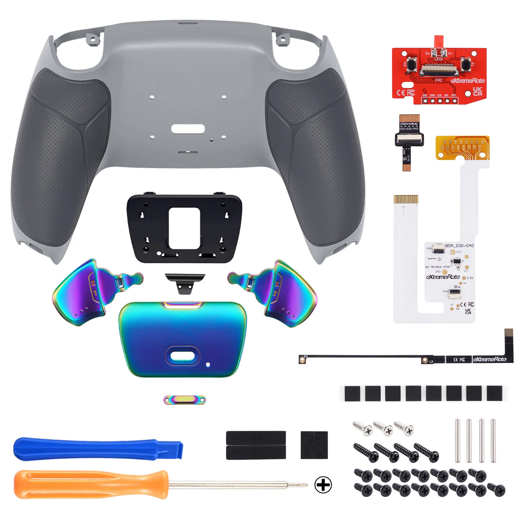 eXtremeRate Rainbow Aura Blue & Purple Real Metal Buttons (RMB) Version RISE V3 Remap Kit for PS5 Controller BDM-030/040/050 - Rubberized New Hope Gray & Classic Gray - Image 2