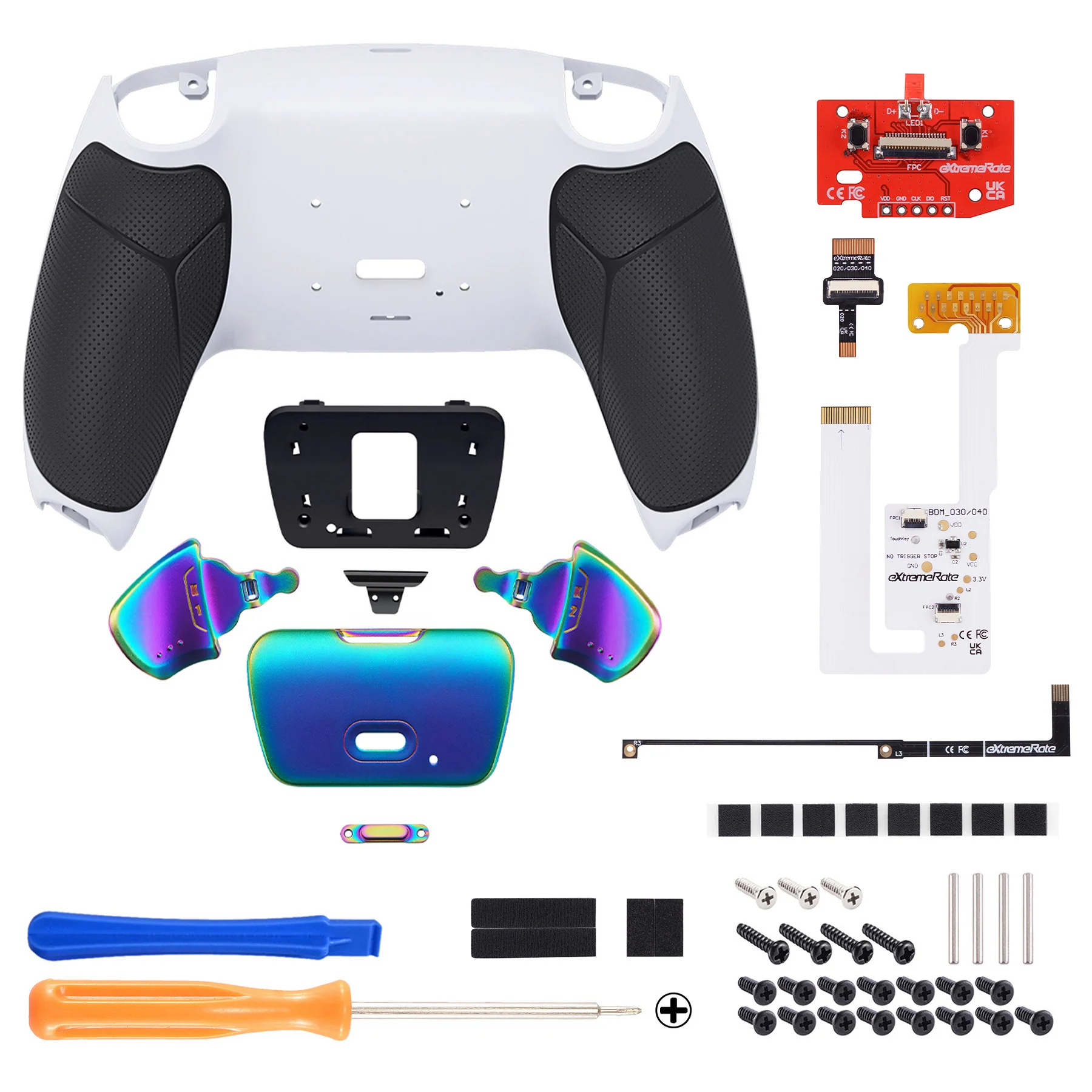 eXtremeRate Rainbow Aura Blue & Purple Real Metal Buttons (RMB) Version RISE V3 Remap Kit for PS5 Controller BDM-030/040/050 - Rubberized White Black - Image 2