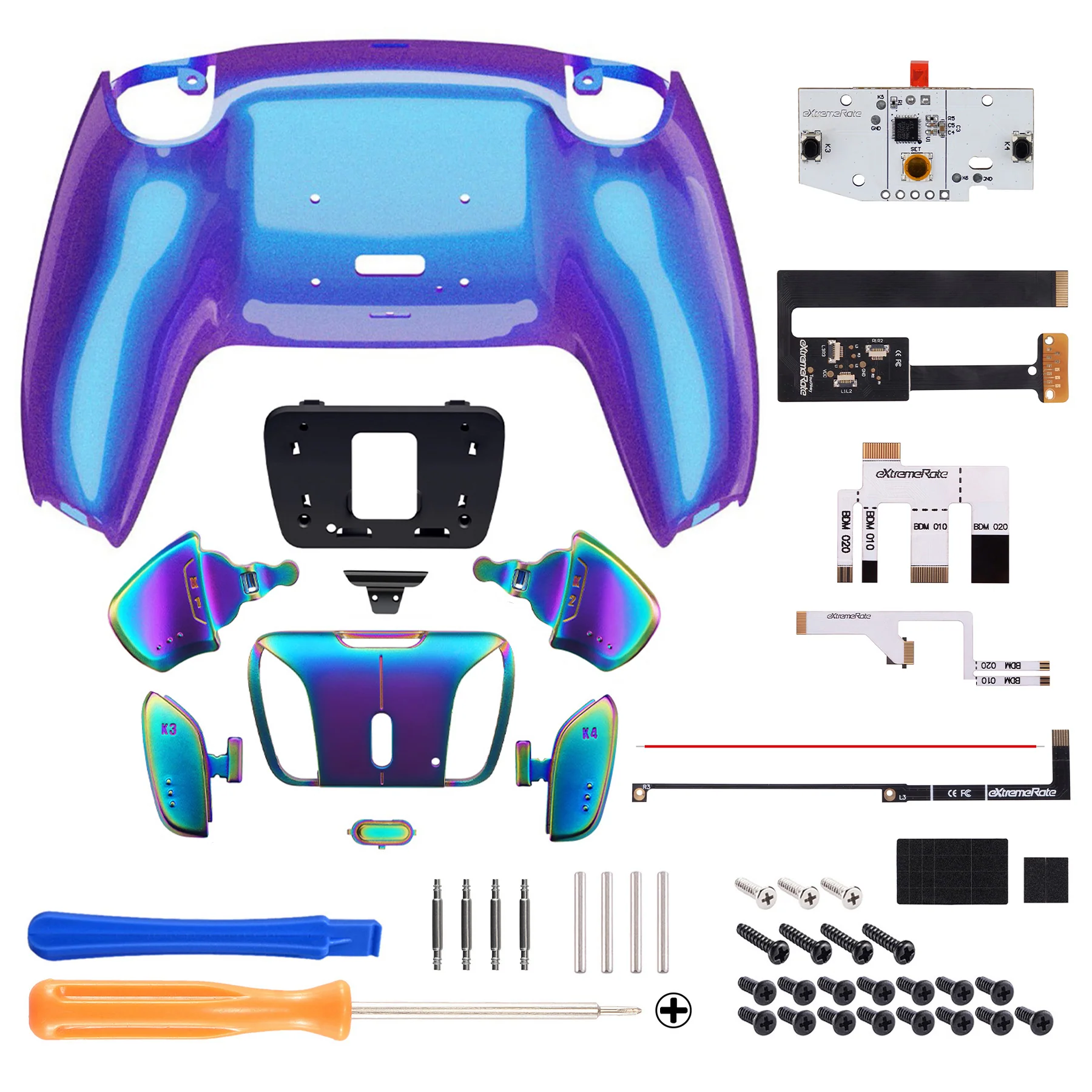 eXtremeRate Rainbow Aura Blue & Purple Real Metal Buttons (RMB) Version RISE4 Remap Kit for PS5 Controller BDM-010/020 - Chameleon Purple Blue - Image 2