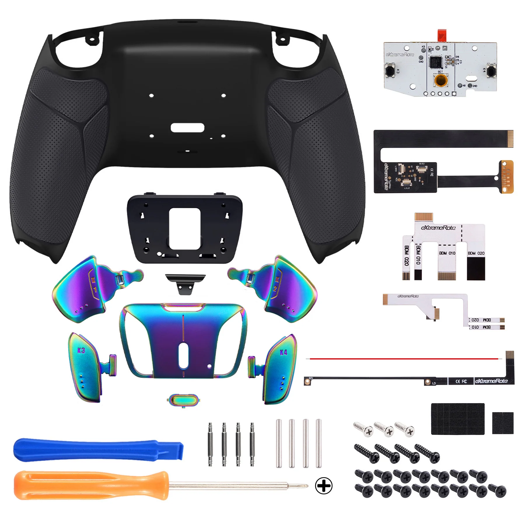 eXtremeRate Rainbow Aura Blue & Purple Real Metal Buttons (RMB) Version RISE4 Remap Kit for PS5 Controller BDM-010/020 - Rubberized Black - Image 2