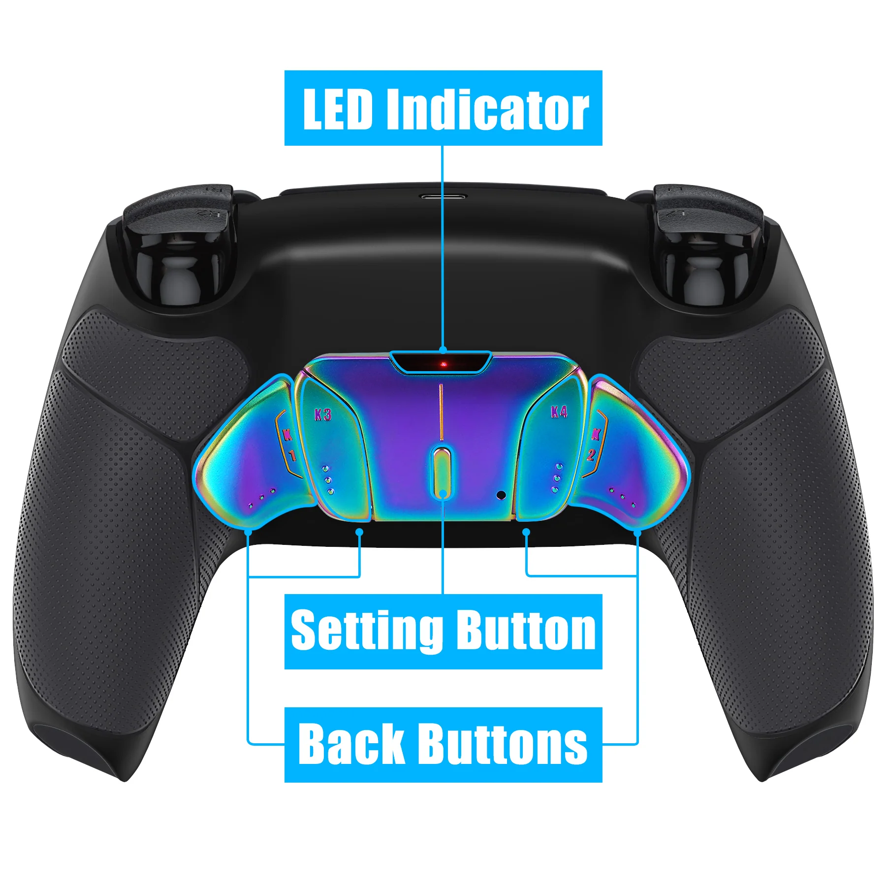 eXtremeRate Rainbow Aura Blue & Purple Real Metal Buttons (RMB) Version RISE4 Remap Kit for PS5 Controller BDM-010/020 - Rubberized Black - Image 5