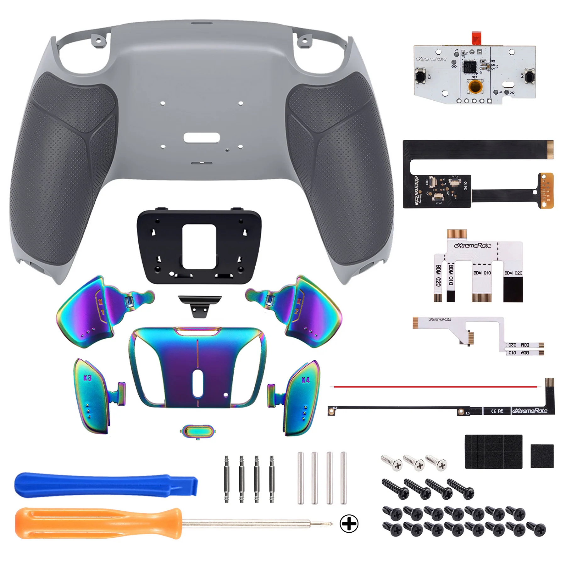 eXtremeRate Rainbow Aura Blue & Purple Real Metal Buttons (RMB) Version RISE4 Remap Kit for PS5 Controller BDM-010/020 - Rubberized New Hope Gray & Classic Gray - Image 2