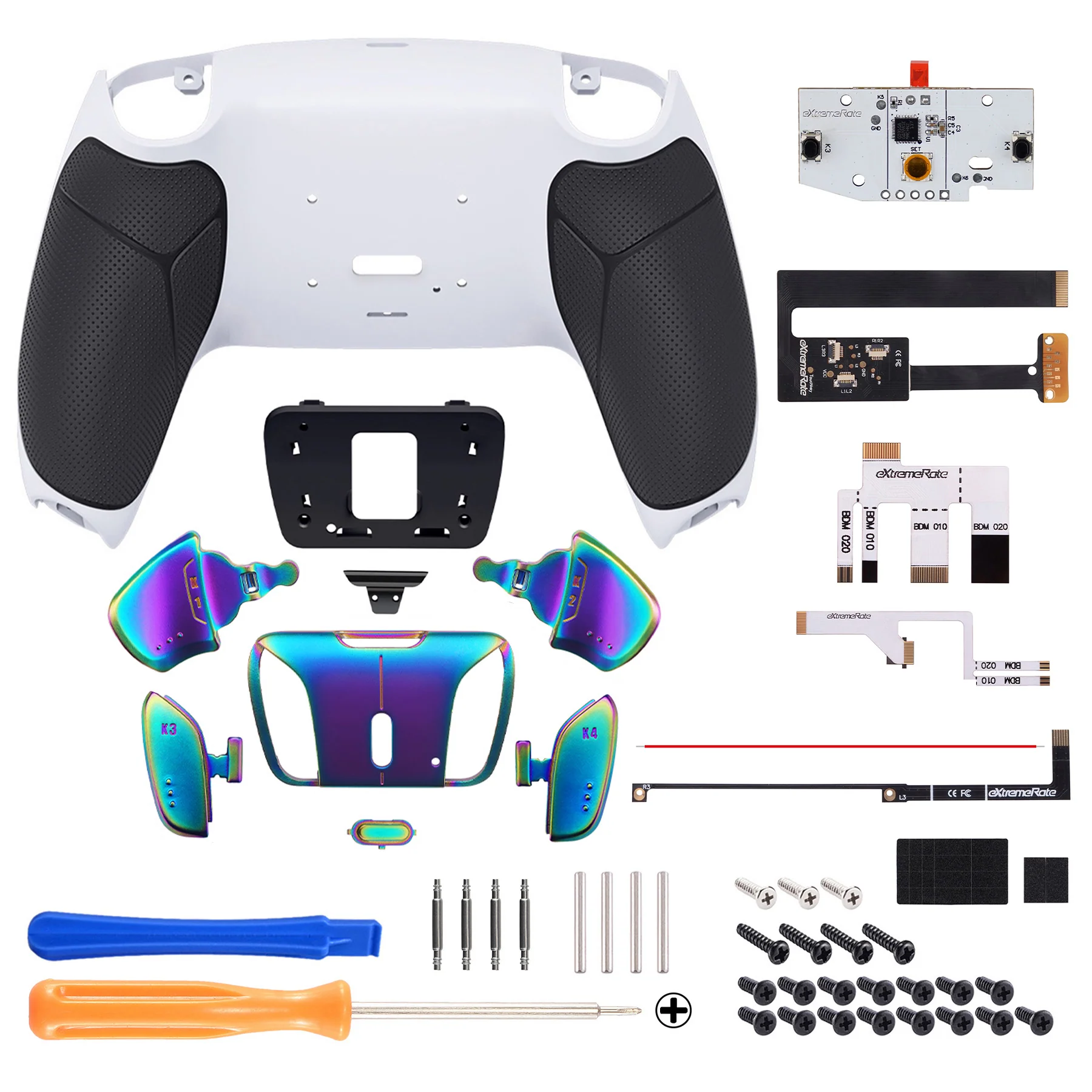 eXtremeRate Rainbow Aura Blue & Purple Real Metal Buttons (RMB) Version RISE4 Remap Kit for PS5 Controller BDM-010/020 - Rubberized White Black - Image 2