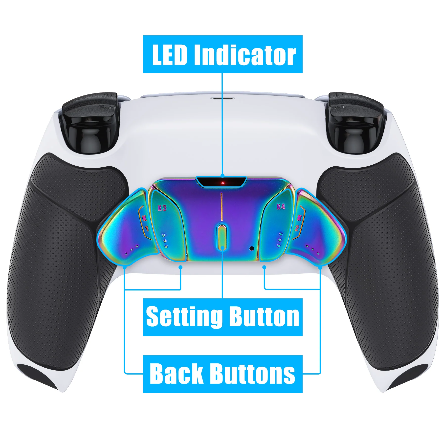 eXtremeRate Rainbow Aura Blue & Purple Real Metal Buttons (RMB) Version RISE4 Remap Kit for PS5 Controller BDM-010/020 - Rubberized White Black - Image 5