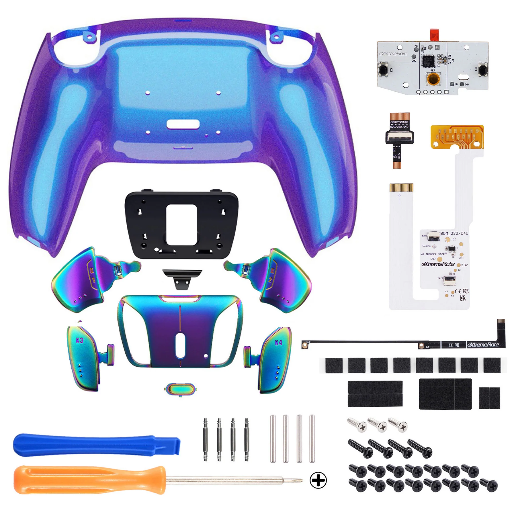 eXtremeRate Rainbow Aura Blue & Purple Real Metal Buttons (RMB) Version RISE4 V3 Remap Kit for PS5 Controller BDM-030/040/050 - Chameleon Purple Blue - Image 2