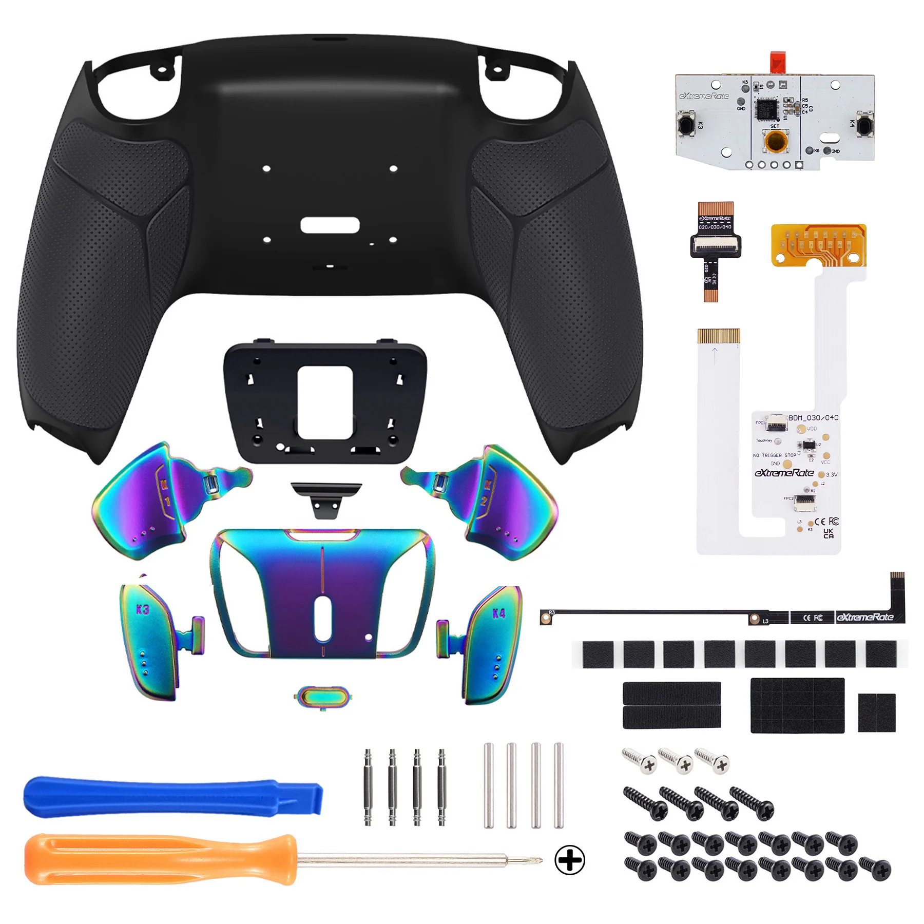 eXtremeRate Rainbow Aura Blue & Purple Real Metal Buttons (RMB) Version RISE4 V3 Remap Kit for PS5 Controller BDM-030/040/050 - Rubberized Black - Image 2