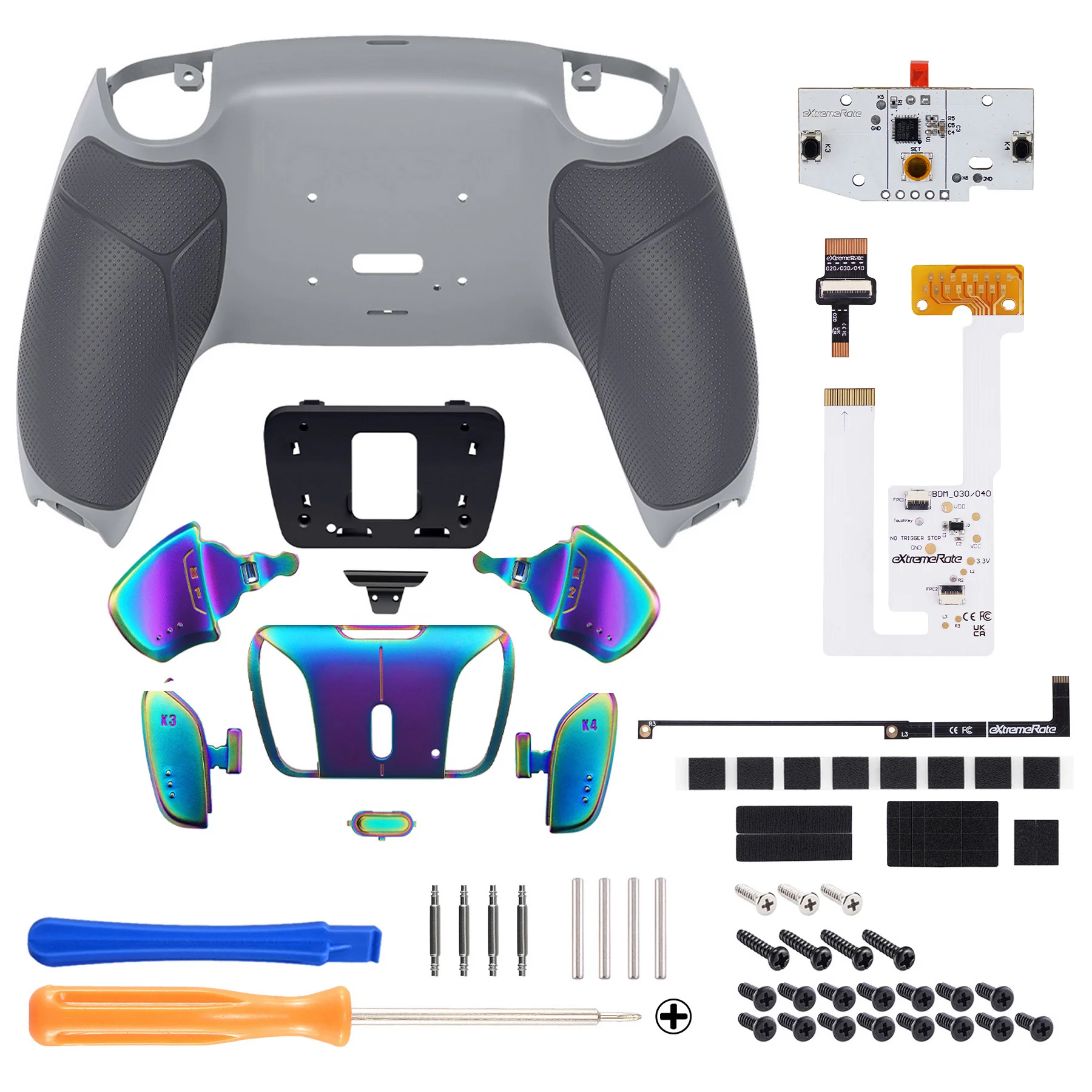 eXtremeRate Rainbow Aura Blue & Purple Real Metal Buttons (RMB) Version RISE4 V3 Remap Kit for PS5 Controller BDM-030/040/050 - Rubberized New Hope Gray & Classic Gray - Image 2