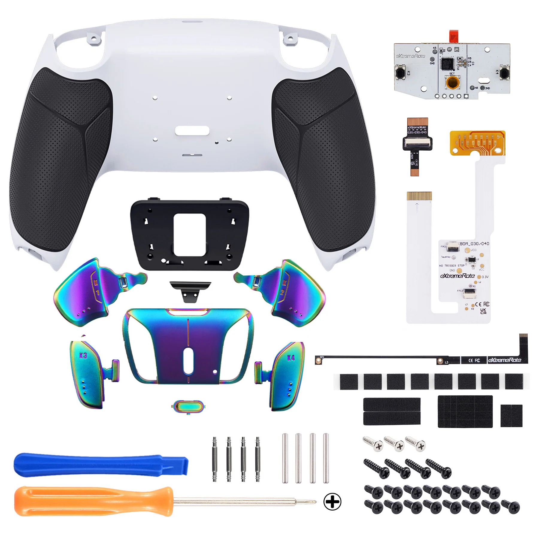 eXtremeRate Rainbow Aura Blue & Purple Real Metal Buttons (RMB) Version RISE4 V3 Remap Kit for PS5 Controller BDM-030/040/050 - Rubberized White Black - Image 2