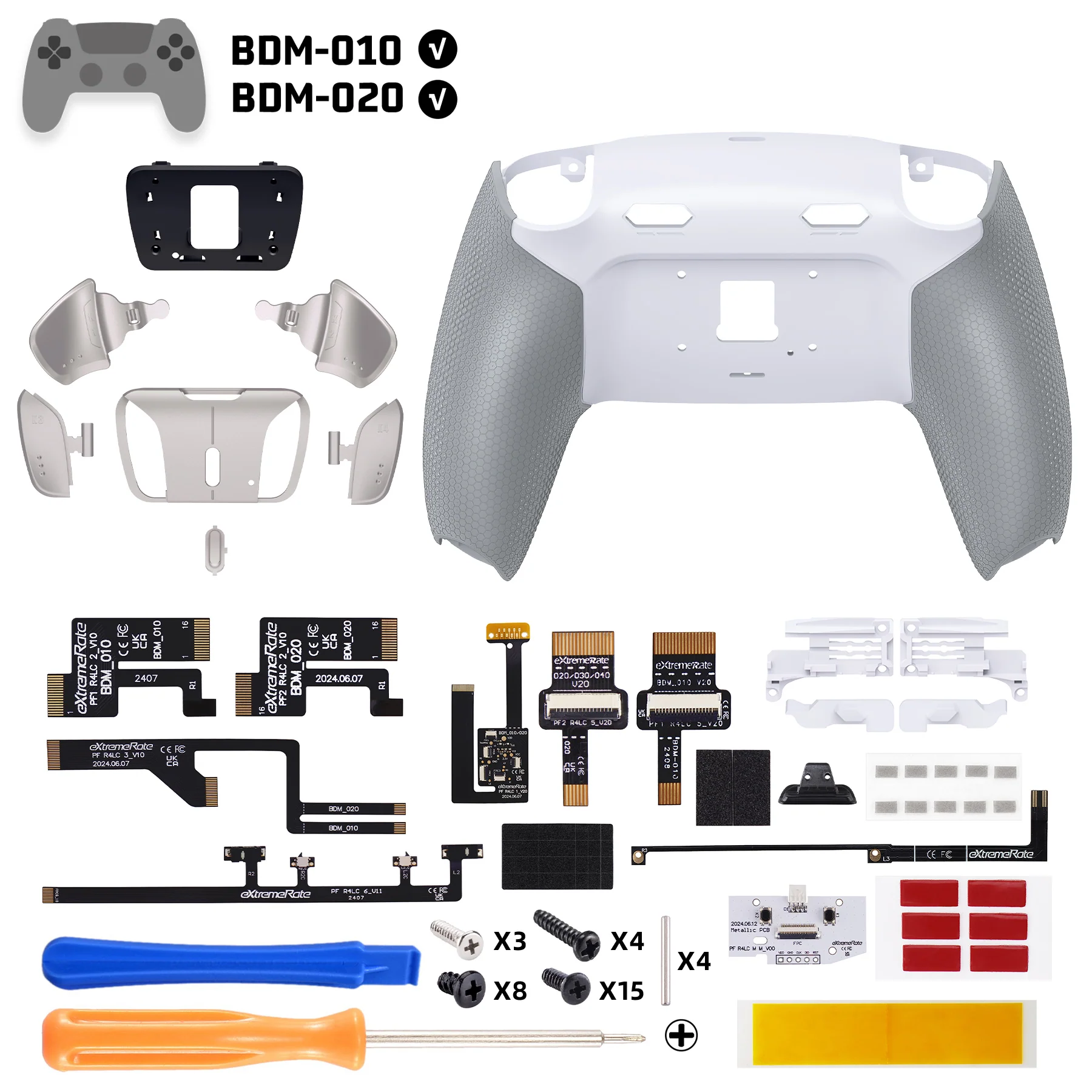 eXtremeRate Real Metal Buttons (RMB) Version RISE4 Plus MAX Back Paddles Kit with Clicky Trigger Stops & Rubberized Grip for PS5 Controller BDM-010/020 - White Gray - Silver - Image 2