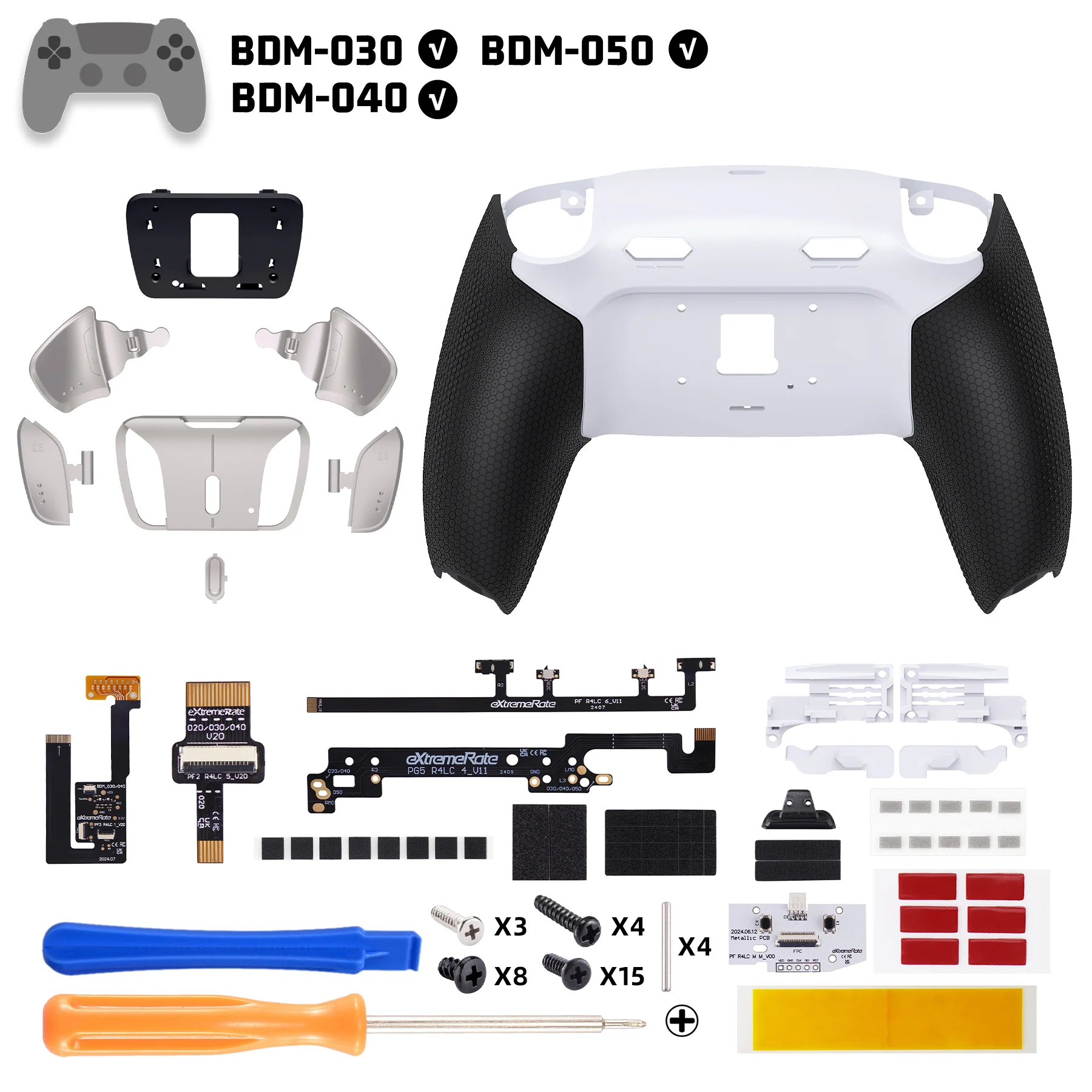 eXtremeRate Real Metal Buttons (RMB) Version RISE4 Plus MAX Back Paddles Kit with Clicky Trigger Stops & Rubberized Grip for PS5 Controller BDM-030/040/050 - White Black - Silver - Image 2