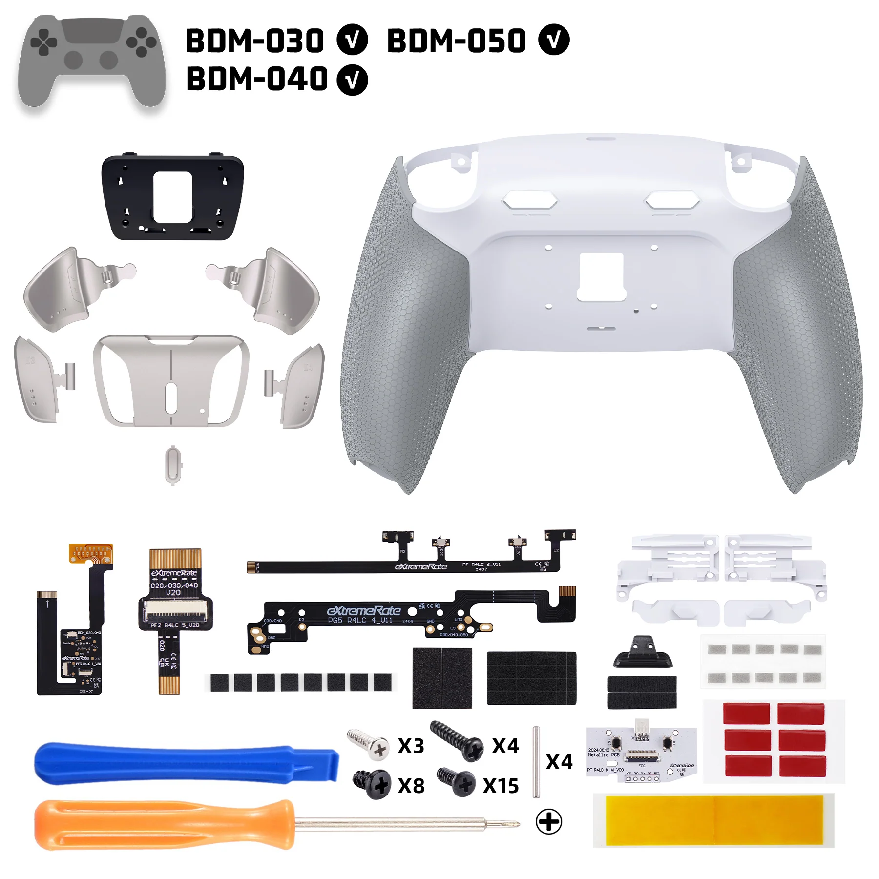 eXtremeRate Real Metal Buttons (RMB) Version RISE4 Plus MAX Back Paddles Kit with Clicky Trigger Stops & Rubberized Grip for PS5 Controller BDM-030/040/050 - White Gray - Silver - Image 2